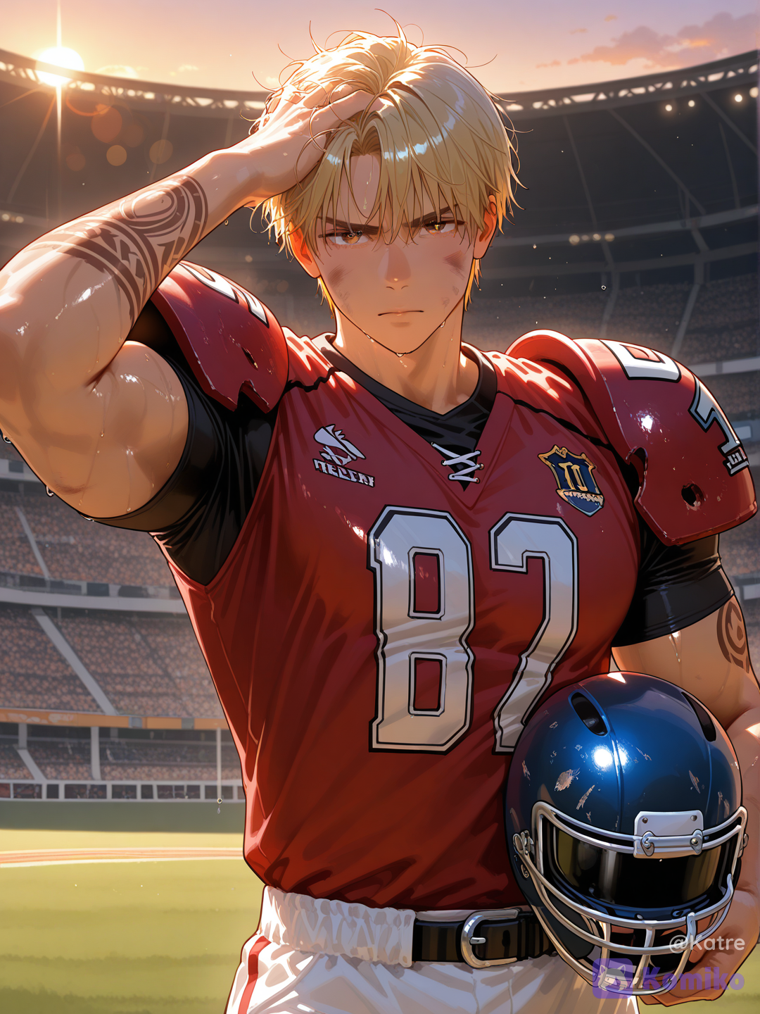 1boy, male_focus, american_football_player, football_uniform, sportswear, helmet, holding_helmet, jersey, red_jersey, number_18, shoulder_pads, muscular_male, athletic, broad_shoulders, toned_body, abs, biceps, tattoos, arm_tattoo, blonde_male, messy_hair, short_hair, serious, stoic, intense_gaze, looking_at_viewer, upper_body, standing, one_arm_raised, hand_on_head, sweat, dirty, exhausted, post_match, dramatic_lighting, sunset_lighting, stadium, crowd, depth_of_field, cinematic, realistic, highly_detailed, photorealistic, handsome_male, ikemen, mature_male, heartthrob, popular_guy, star_player, campus_athlete, golden_boy, boyfriend_material, romance_cover, sports_drama, emotional, melancholic, wounded_hero, [vivid-oil-cel-style]