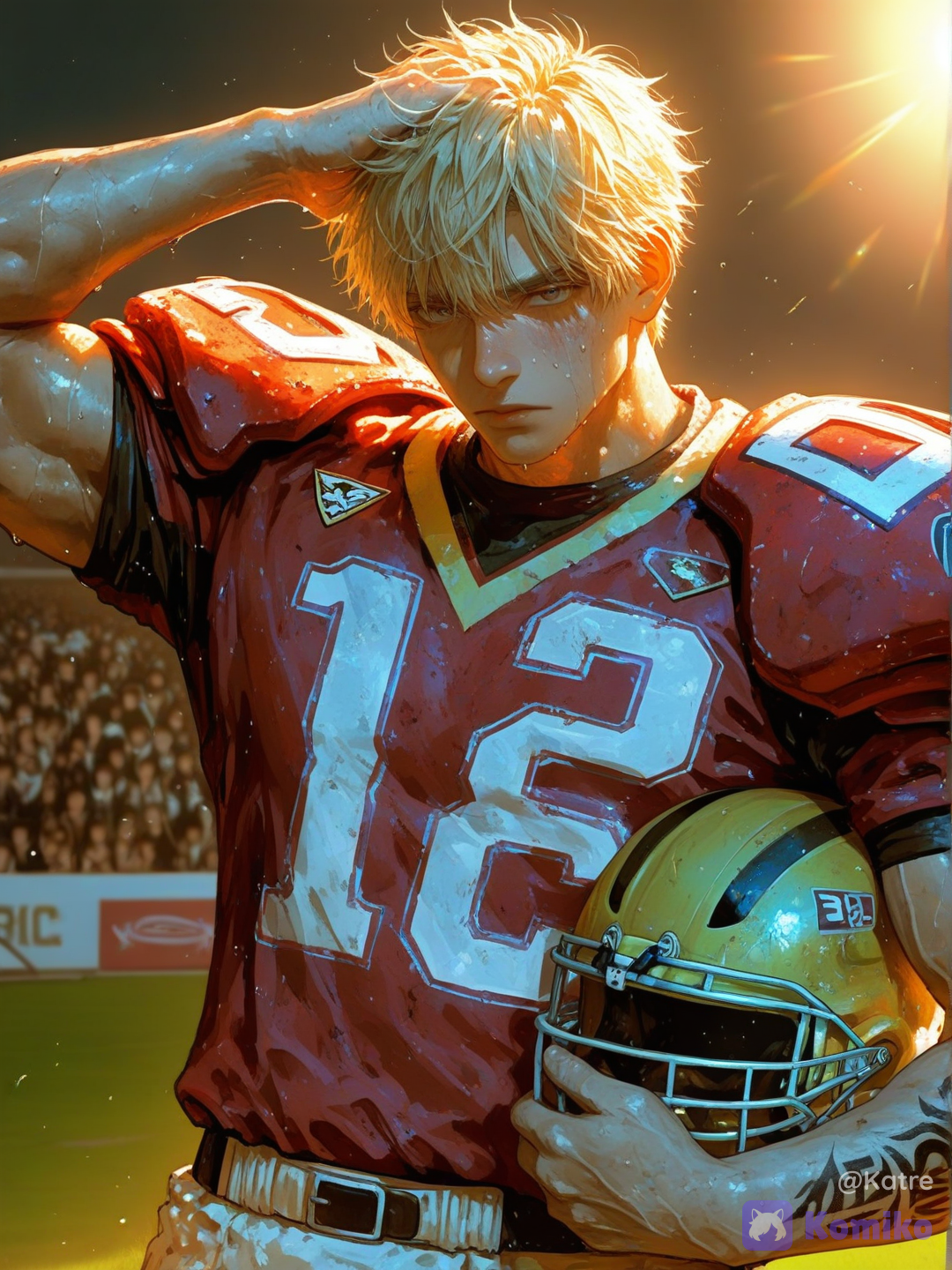 1boy, male_focus, american_football_player, football_uniform, sportswear, helmet, holding_helmet, jersey, red_jersey, number_18, shoulder_pads, muscular_male, athletic, broad_shoulders, toned_body, abs, biceps, tattoos, arm_tattoo, blonde_male, messy_hair, short_hair, serious, stoic, intense_gaze, looking_at_viewer, upper_body, standing, one_arm_raised, hand_on_head, sweat, dirty, exhausted, post_match, dramatic_lighting, sunset_lighting, stadium, crowd, depth_of_field, cinematic, realistic, highly_detailed, photorealistic, handsome_male, ikemen, mature_male, heartthrob, popular_guy, star_player, campus_athlete, golden_boy, boyfriend_material, romance_cover, sports_drama, emotional, melancholic, wounded_hero, [sweet-painting-style]