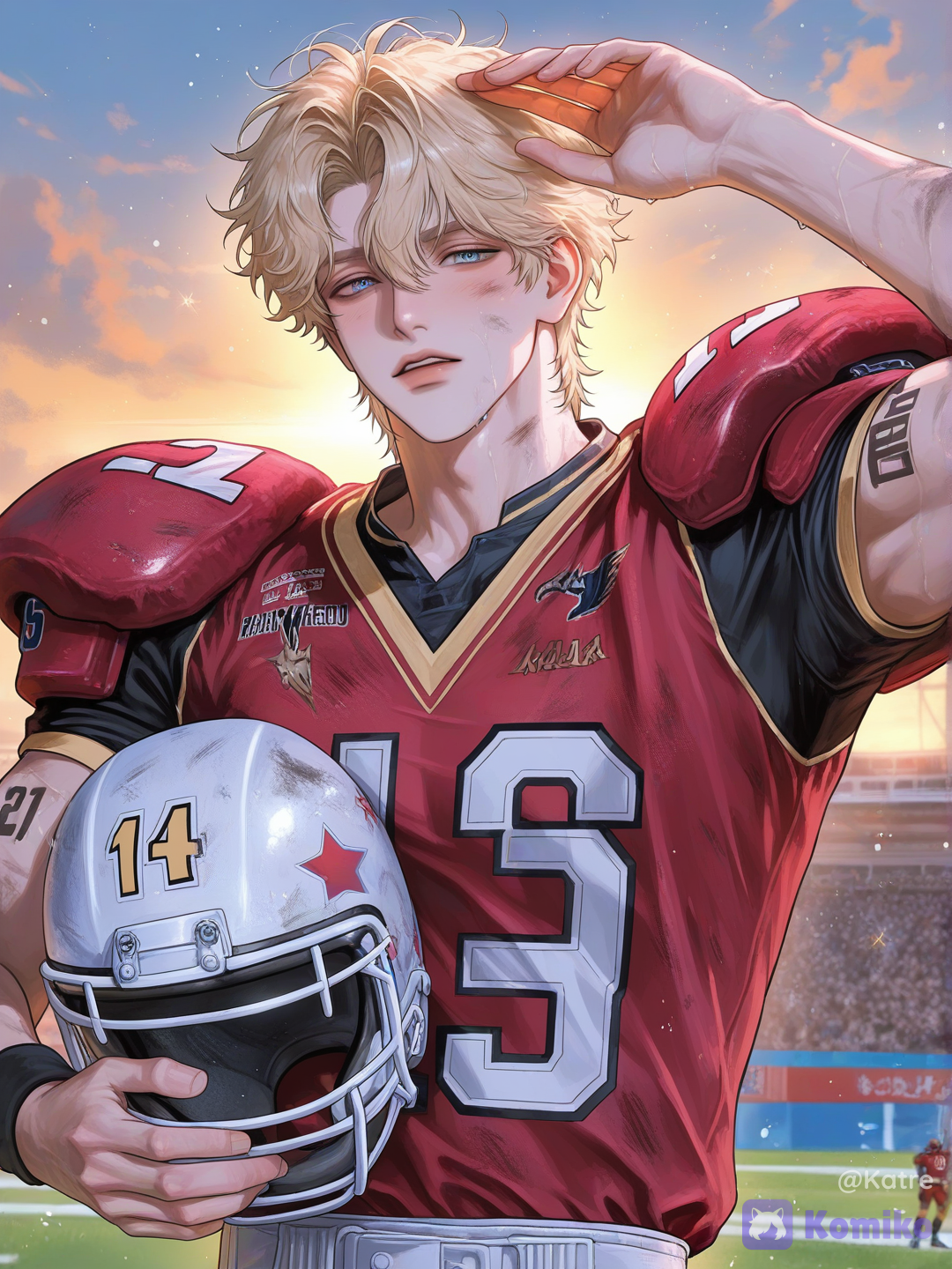 1boy, male_focus, american_football_player, football_uniform, sportswear, helmet, holding_helmet, jersey, red_jersey, number_18, shoulder_pads, muscular_male, athletic, broad_shoulders, toned_body, abs, biceps, tattoos, arm_tattoo, blonde_male, messy_hair, short_hair, serious, stoic, intense_gaze, looking_at_viewer, upper_body, standing, one_arm_raised, hand_on_head, sweat, dirty, exhausted, post_match, dramatic_lighting, sunset_lighting, stadium, crowd, depth_of_field, cinematic, realistic, highly_detailed, photorealistic, handsome_male, ikemen, mature_male, heartthrob, popular_guy, star_player, campus_athlete, golden_boy, boyfriend_material, romance_cover, sports_drama, emotional, melancholic, wounded_hero, [polished-illustration-style]