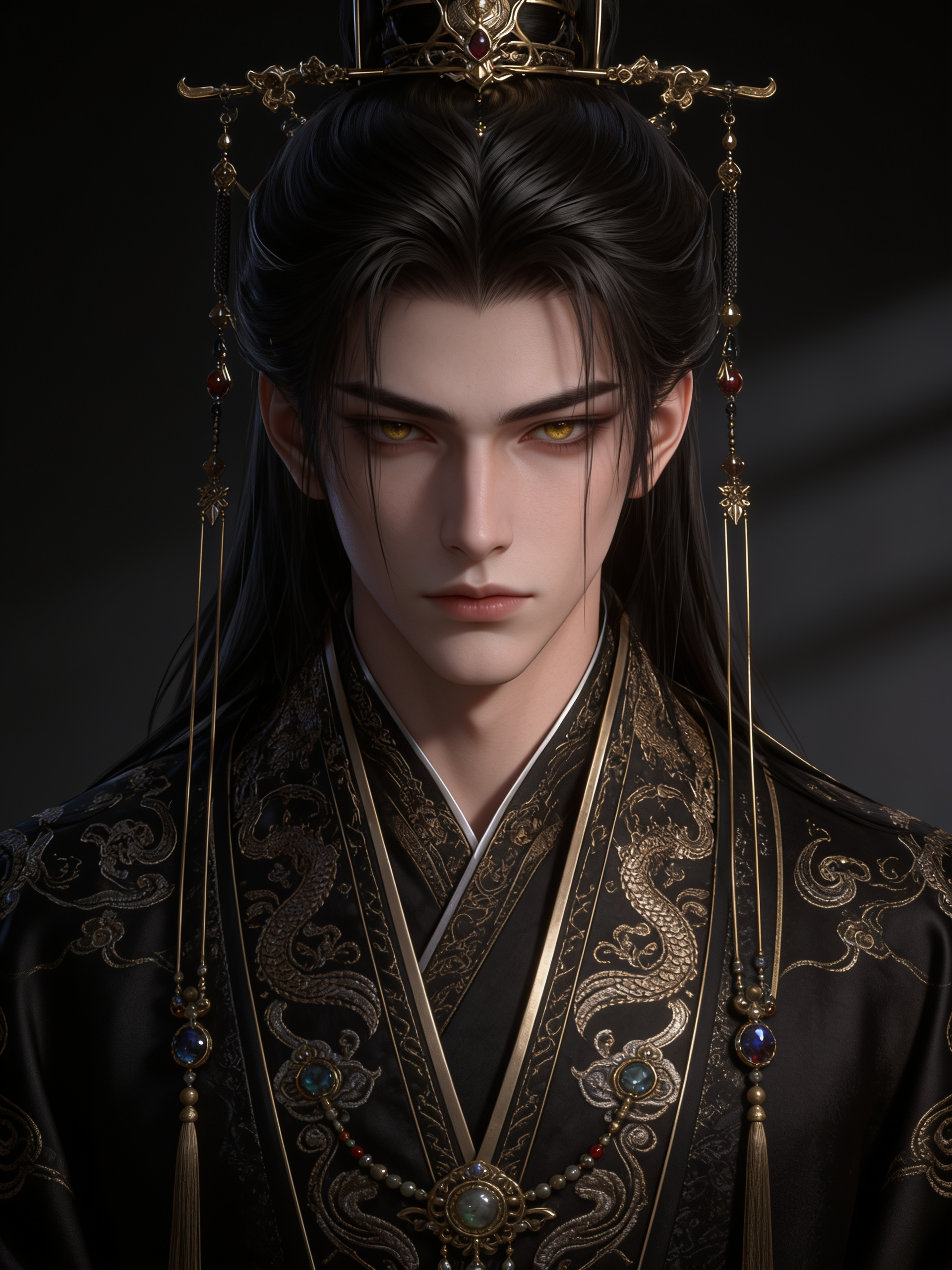 1boy, solo, male_focus, long_hair, black_hair, pale_skin, golden_eyes, narrow_eyes, expressionless, serious, handsome, beautiful_male, androgynous, mature_male, looking_at_viewer, chinese_clothes, hanfu, black_robe, embroidered_clothes, ornate_clothes, royal_clothes, high_collar, dark_clothing, crown, headdress, chinese_headdress, hair_ornament, dangling_ornaments, jewelry, gemstone, tassel, upper_body, portrait, close-up, centered_composition, symmetrical, dark_background, emperor, prince, king, immortal, cultivator, xianxia, wuxia, ancient_china, fantasy, noble, aristocrat, celestial, divine, mysterious, best_quality, ultra_detailed, realistic_anime, cinematic_lighting, detailed_face, detailed_eyes, dramatic_shadows, cold_beauty, dark_prince, demon_lord, heavenly_emperor, immortal_emperor, ancient_deity, villain_aura, intimidating, regal, divine_male