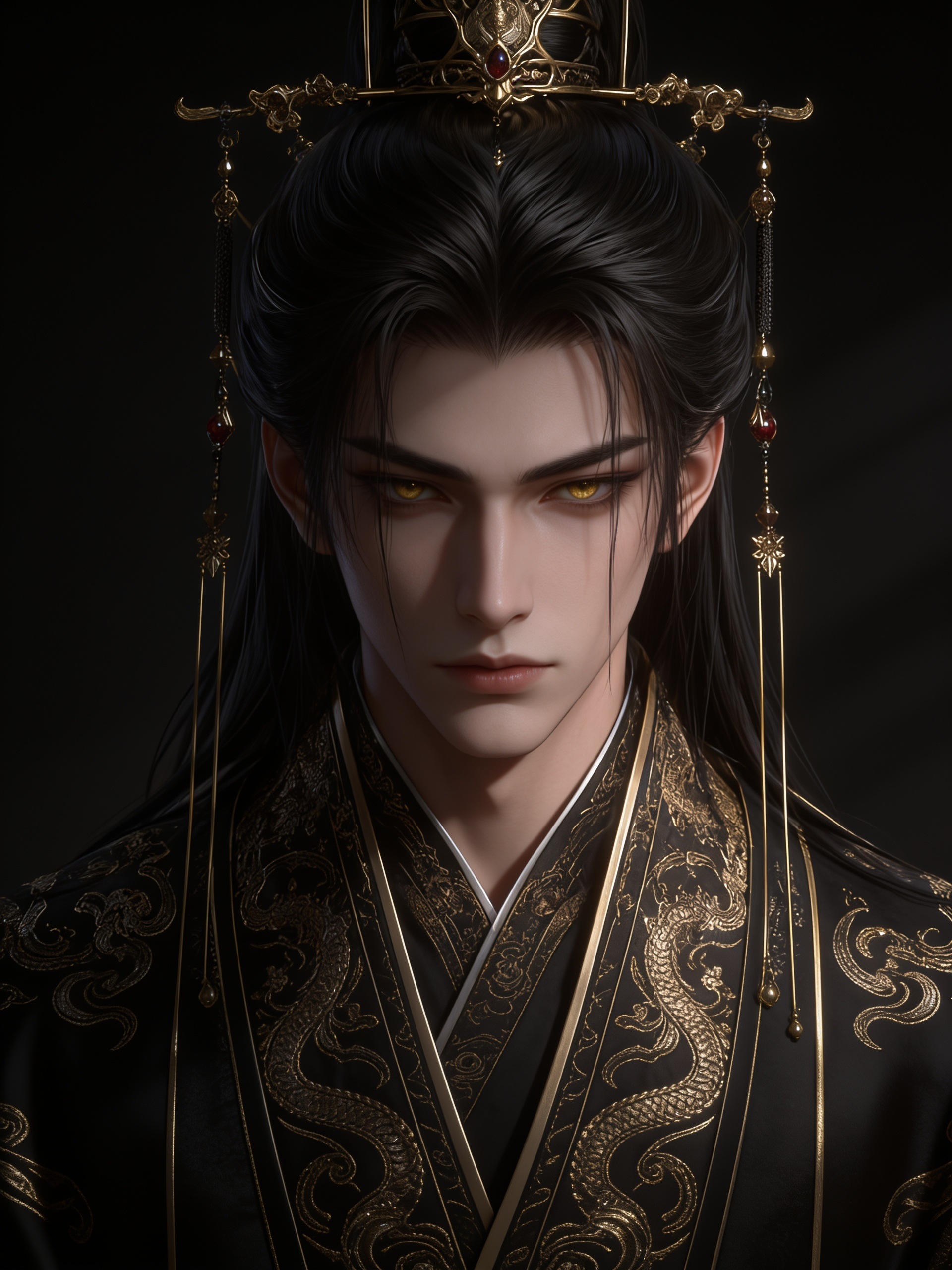 1boy, solo, male_focus, long_hair, black_hair, pale_skin, golden_eyes, narrow_eyes, expressionless, serious, handsome, beautiful_male, androgynous, mature_male, looking_at_viewer, chinese_clothes, hanfu, black_robe, embroidered_clothes, ornate_clothes, royal_clothes, high_collar, dark_clothing, crown, headdress, chinese_headdress, hair_ornament, dangling_ornaments, jewelry, gemstone, tassel, upper_body, portrait, close-up, centered_composition, symmetrical, dark_background, emperor, prince, king, immortal, cultivator, xianxia, wuxia, ancient_china, fantasy, noble, aristocrat, celestial, divine, mysterious, best_quality, ultra_detailed, realistic_anime, cinematic_lighting, detailed_face, detailed_eyes, dramatic_shadows, cold_beauty, dark_prince, demon_lord, heavenly_emperor, immortal_emperor, ancient_deity, villain_aura, intimidating, regal, divine_male