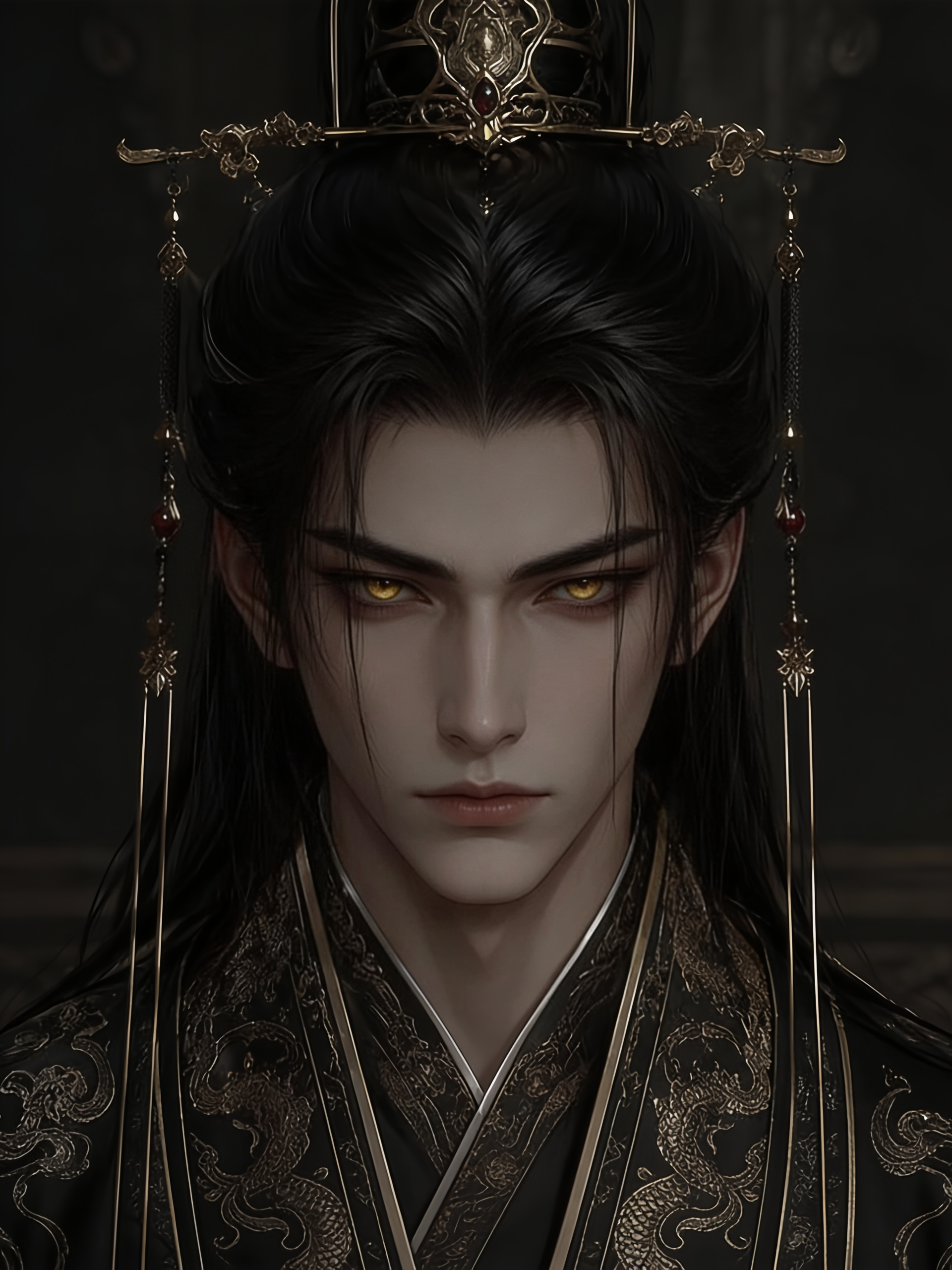 1boy, solo, male_focus, long_hair, black_hair, pale_skin, golden_eyes, narrow_eyes, expressionless, serious, handsome, beautiful_male, androgynous, mature_male, looking_at_viewer, chinese_clothes, hanfu, black_robe, embroidered_clothes, ornate_clothes, royal_clothes, high_collar, dark_clothing, crown, headdress, chinese_headdress, hair_ornament, dangling_ornaments, jewelry, gemstone, tassel, upper_body, portrait, close-up, centered_composition, symmetrical, dark_background, emperor, prince, king, immortal, cultivator, xianxia, wuxia, ancient_china, fantasy, noble, aristocrat, celestial, divine, mysterious, best_quality, ultra_detailed, realistic_anime, cinematic_lighting, detailed_face, detailed_eyes, dramatic_shadows, cold_beauty, dark_prince, demon_lord, heavenly_emperor, immortal_emperor, ancient_deity, villain_aura, intimidating, regal, divine_male