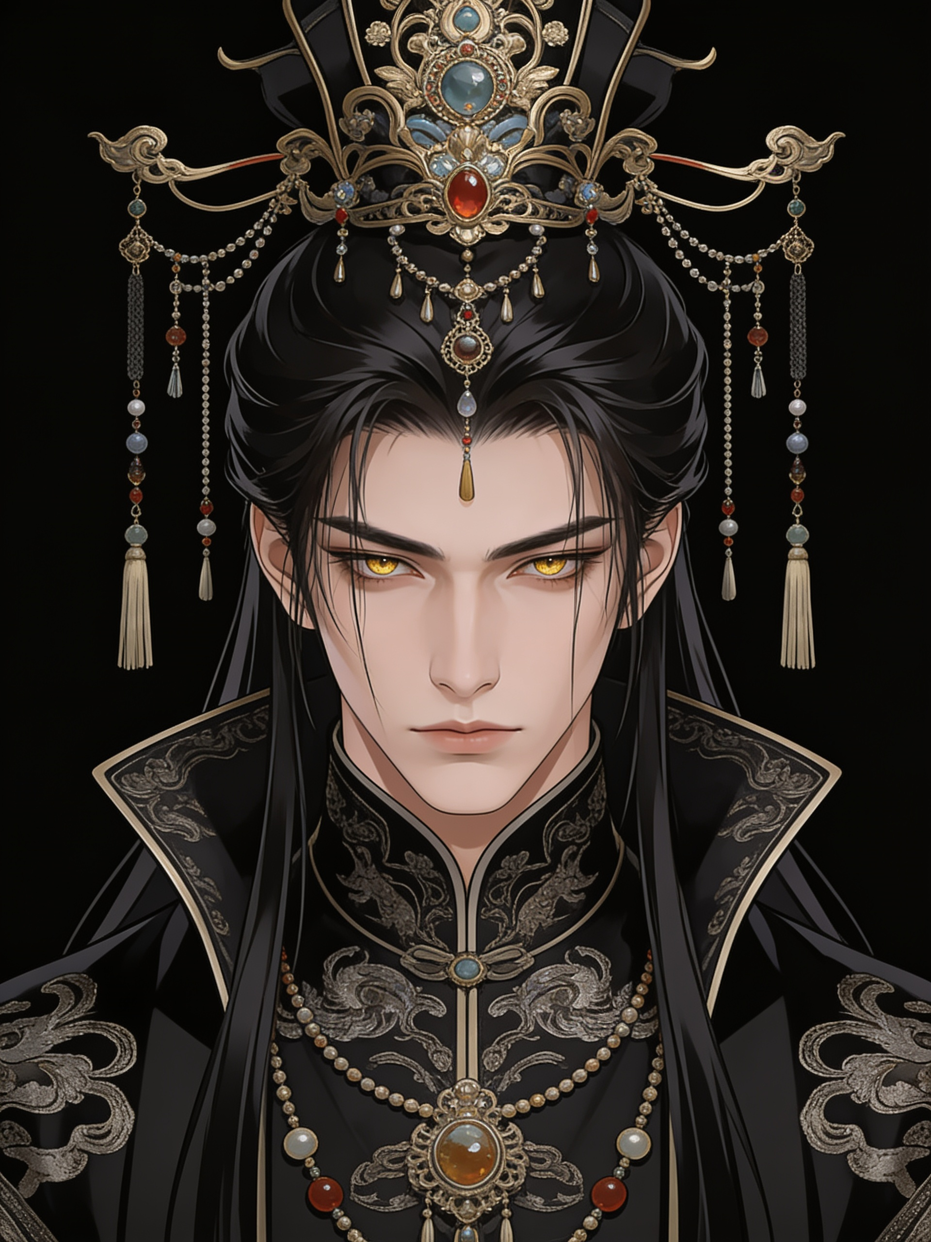 1boy, solo, male_focus, long_hair, black_hair, pale_skin, golden_eyes, narrow_eyes, expressionless, serious, handsome, beautiful_male, androgynous, mature_male, looking_at_viewer, chinese_clothes, hanfu, black_robe, embroidered_clothes, ornate_clothes, royal_clothes, high_collar, dark_clothing, crown, headdress, chinese_headdress, hair_ornament, dangling_ornaments, jewelry, gemstone, tassel, upper_body, portrait, close-up, centered_composition, symmetrical, dark_background, emperor, prince, king, immortal, cultivator, xianxia, wuxia, ancient_china, fantasy, noble, aristocrat, celestial, divine, mysterious, best_quality, ultra_detailed, realistic_anime, cinematic_lighting, detailed_face, detailed_eyes, dramatic_shadows, cold_beauty, dark_prince, demon_lord, heavenly_emperor, immortal_emperor, ancient_deity, villain_aura, intimidating, regal, divine_male