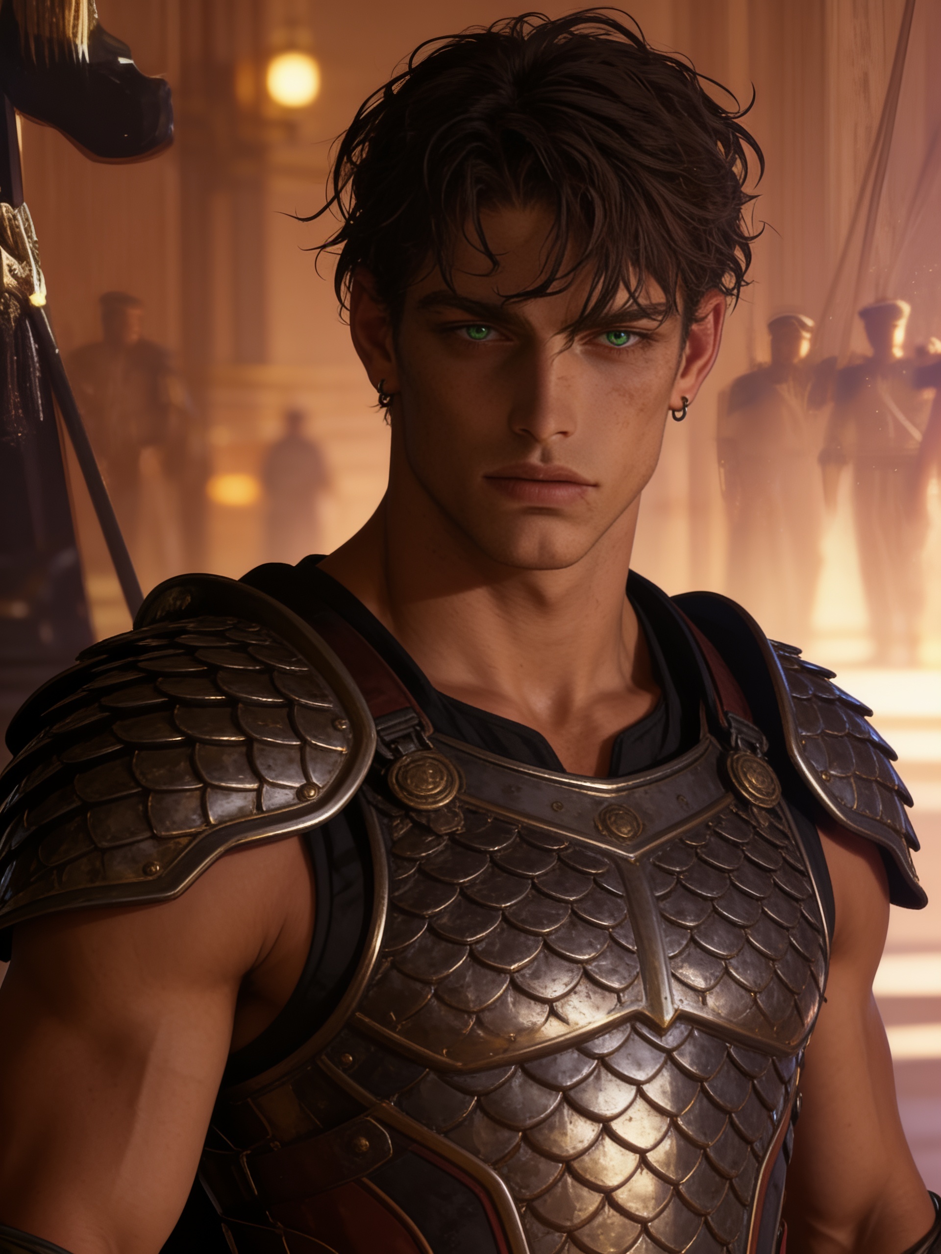 1boy, brown hair, green eyes, olive skin, tan skin, athletic, handsome, tall, armadura, messy hair, long eyelashes