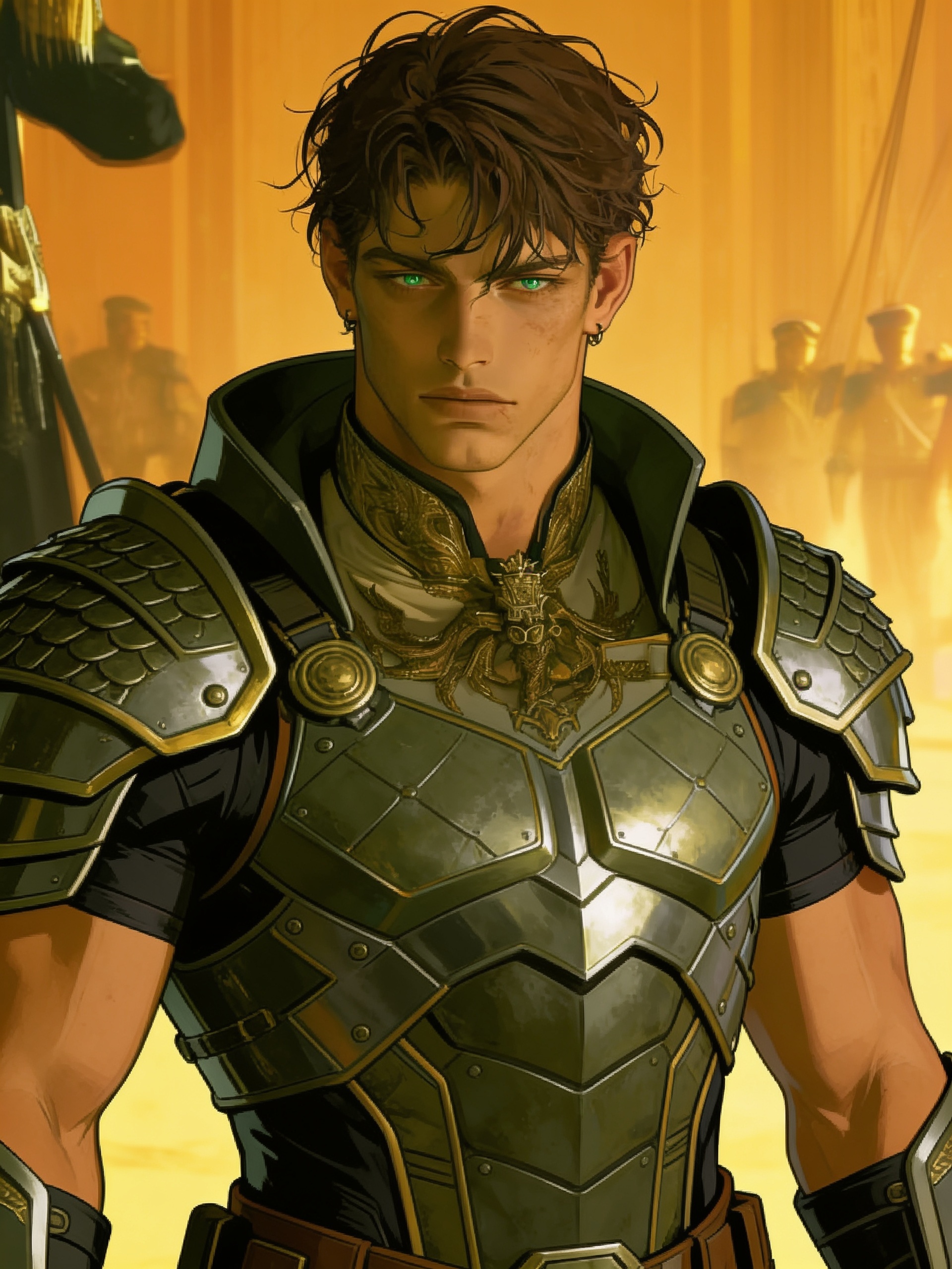 1boy, brown hair, green eyes, olive skin, tan skin, athletic, handsome, tall, armadura, messy hair, long eyelashes