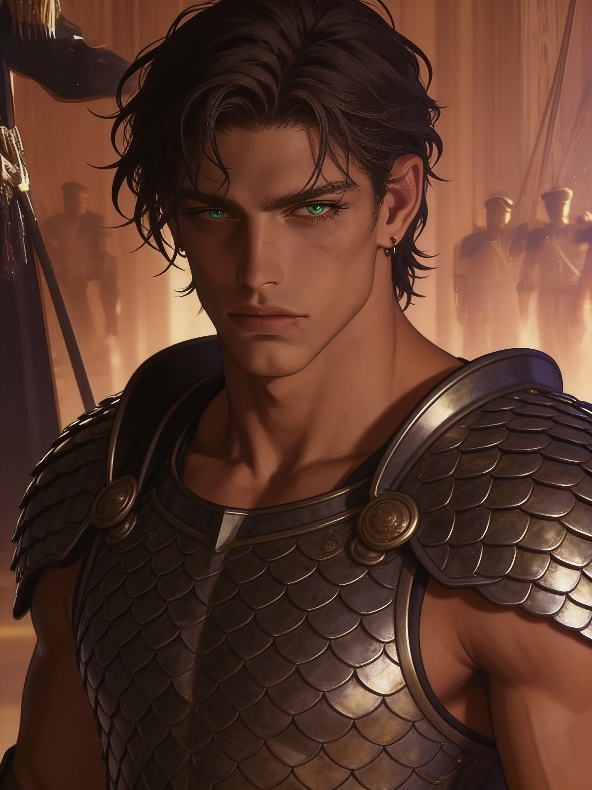 1boy, brown hair, green eyes, olive skin, tan skin, athletic, handsome, tall, armadura, messy hair, long eyelashes