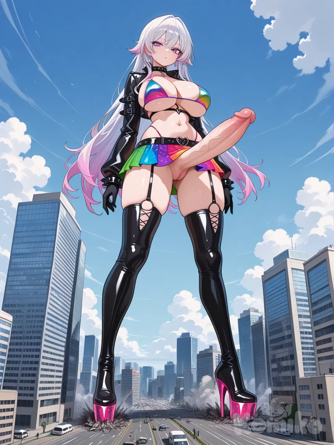 Full body very long legged giantess girl standing forwrd deep cleavage wearing in bikini top and tight colour microskirt with two cuts and gigantic platformed demonia boots standing forward only tight microskirt with two cuts erected very long penis under microskirt no testicles pussy under penis tiny city under her standing on city, 1girl full body, looking at viewer
