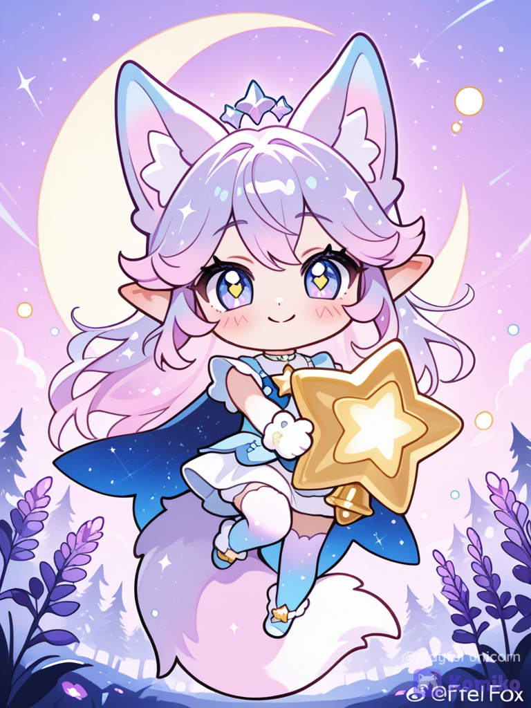 **"Create an adorable, chibi-style celestial fox character with fluffy white and lavender fur, oversized shimmering eyes, tiny pointed ears, rosy cheeks, and a joyful smile. The character wears a cozy pastel-blue cape decorated with tiny moons and stars, a golden bell around its neck, and carries a glowing lantern shaped like a star. Its fluffy tail sparkles with magical dust as it stands in an enchanted moonlit forest filled with glowing mushrooms, floating fireflies, colorful flowers, and sparkling crystals. Soft cinematic lighting, dreamy atmosphere, whimsical fantasy, expressive emotions, tiny paws, ultra-cute, kawaii aesthetic, vibrant pastel colors, smooth shading, highly 3D cartoon style, Pixar-inspired, clean background, 8K."