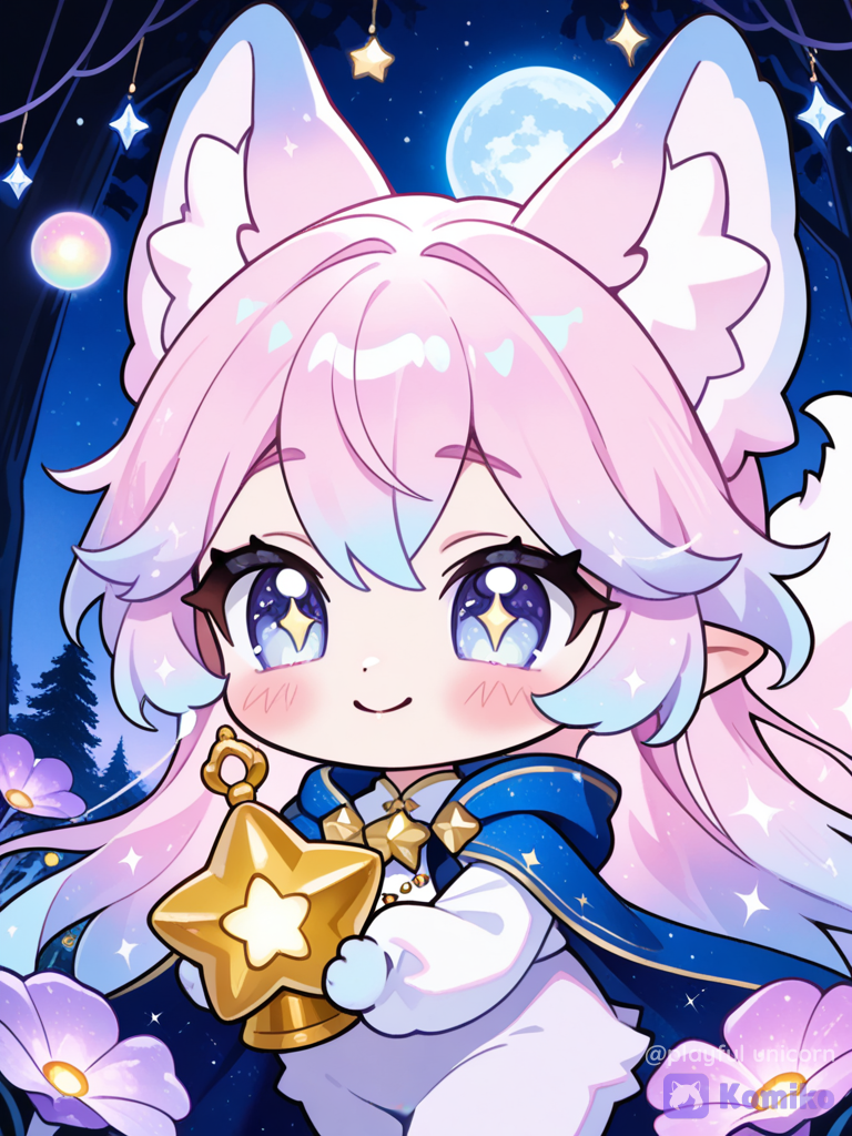 **"Create an adorable, chibi-style celestial fox character with fluffy white and lavender fur, oversized shimmering eyes, tiny pointed ears, rosy cheeks, and a joyful smile. The character wears a cozy pastel-blue cape decorated with tiny moons and stars, a golden bell around its neck, and carries a glowing lantern shaped like a star. Its fluffy tail sparkles with magical dust as it stands in an enchanted moonlit forest filled with glowing mushrooms, floating fireflies, colorful flowers, and sparkling crystals. Soft cinematic lighting, dreamy atmosphere, whimsical fantasy, expressive emotions, tiny paws, ultra-cute, kawaii aesthetic, vibrant pastel colors, smooth shading, highly 3D cartoon style, Pixar-inspired, clean background, 8K."