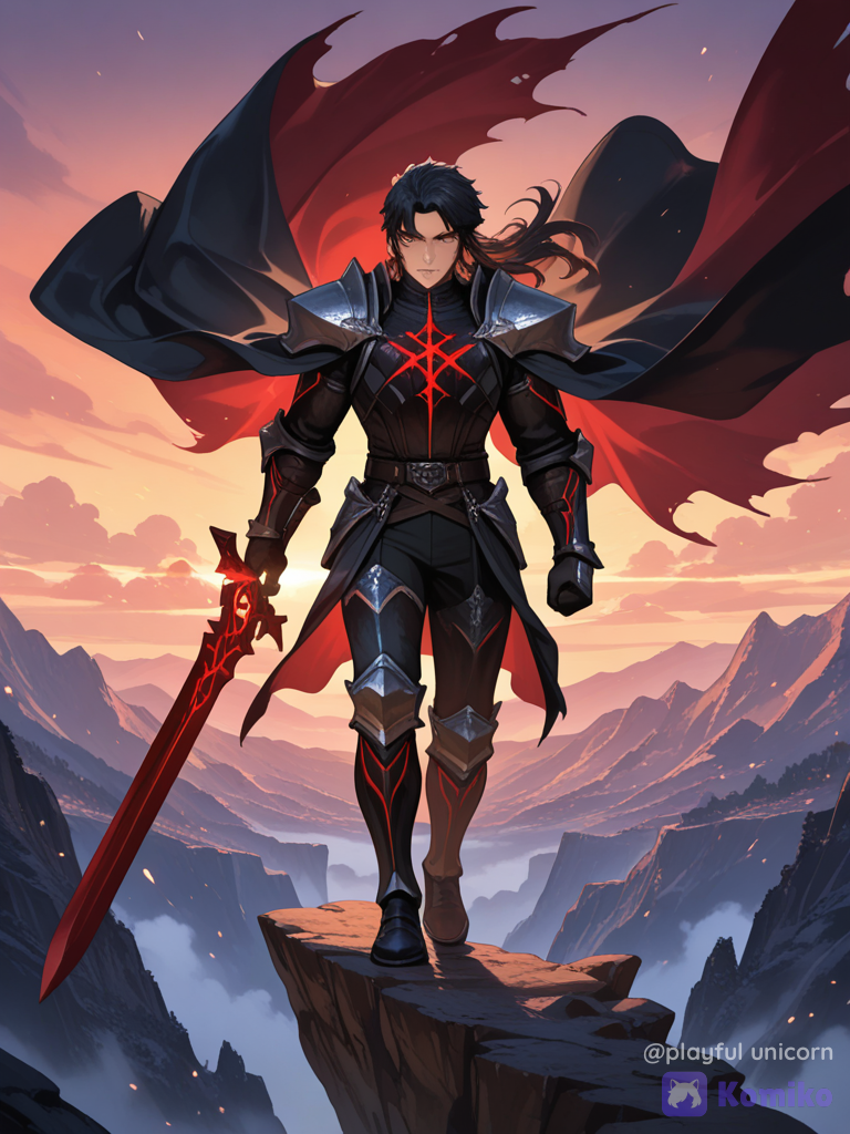 newest, absurdres, original character, a handsome young adult male sword warrior with tousled black hair, intense golden eyes, sharp yet refined facial features, and a calm fearless expression. He wears elegant dark fantasy armor with layered black leather, deep crimson fabric, silver shoulder guards, intricate metal details, and a long flowing cloak. He holds a magnificent curved sword glowing with subtle crimson energy, standing confidently on a dramatic cliff above an ancient kingdom at twilight. Massive mountains, distant castles, misty valleys, glowing lanterns, and a violet-orange sky create an epic atmosphere. His cloak and hair move naturally in the wind while magical particles swirl around the blade. Powerful heroic presence, sophisticated personality, dynamic warrior stance, cinematic lighting, dramatic perspective, armor and sword textures, realistic metal reflections, painterly fantasy realism, highly face, breathtaking environment, visual storytelling, 8K.