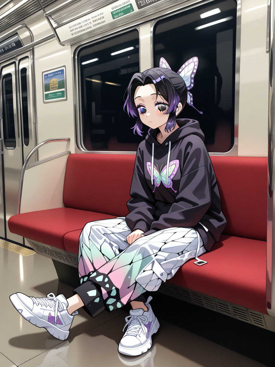 @Kochou_Shinobu, stylized 3D anime, cel shading, full body, sitting alone by the window inside a modern subway train, natural relaxed sitting pose, oversized black hoodie with butterfly design, black jogger pants, white chunky sneakers, white wired earphones in both ears, white earphone cable leading to a small white MP3 player sticking out of her hoodie pocket, hands resting naturally, calm thoughtful expression, looking out the subway window, not looking at viewer, unaware of the camera, candid moment, slice of life, storytelling, tunnel lights reflecting on the glass, faint reflection of her face in the window, empty modern subway carriage, soft cool lighting, cinematic composition, peaceful atmosphere