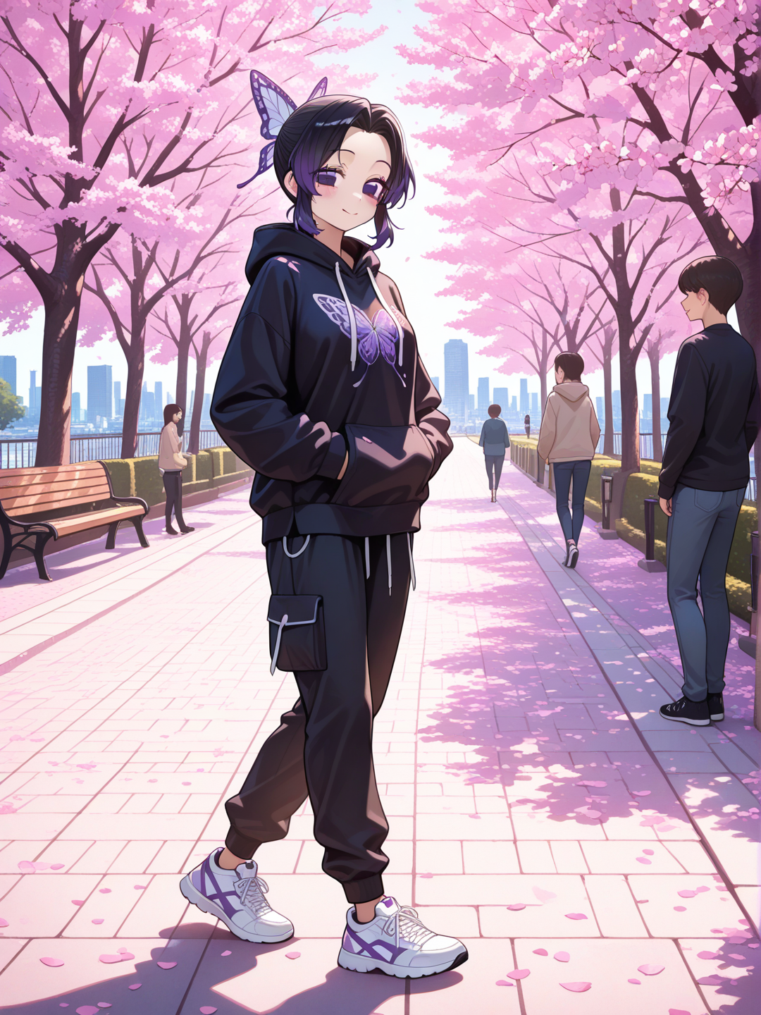 @Kochou_Shinobu, stylized 3D anime, cel shading, full body, walking slowly through a beautiful modern Japanese park during spring, natural relaxed walking pose, oversized black hoodie with purple butterfly emblem, plain black jogger pants, white chunky sneakers, white wired earphones in both ears, white earphone cable leading to a small white MP3 player sticking out of her hoodie pocket, hands naturally inside hoodie pockets, calm peaceful expression, looking at the cherry blossom trees, not looking at viewer, unaware of the camera, candid moment, slice of life, storytelling, pink sakura petals falling through the air, warm afternoon sunlight, modern city skyline visible in the distance, people walking, families, cyclists, park benches, cinematic composition, soft lighting, peaceful atmosphere, subtle purple butterflies