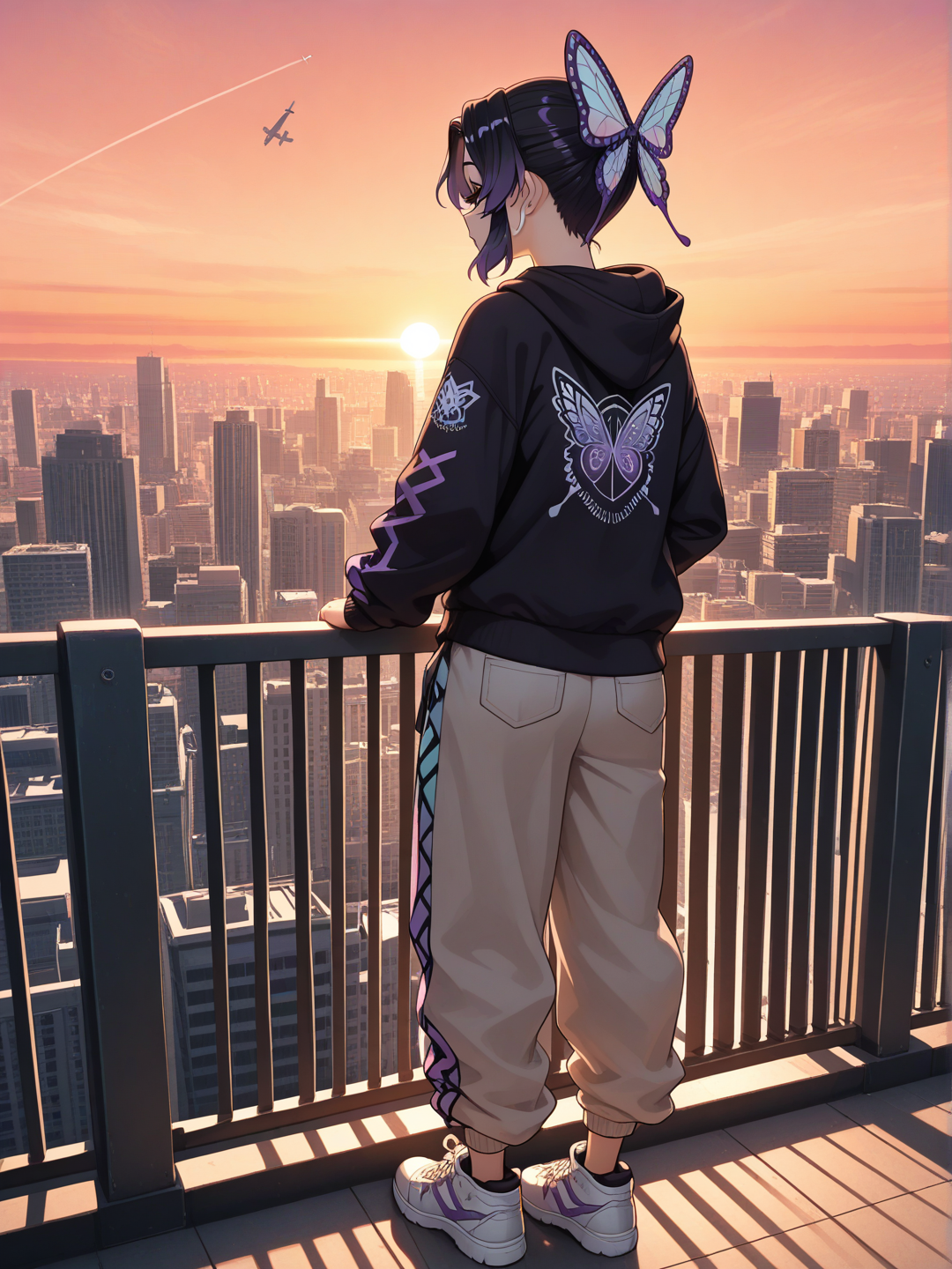 @Kochou_Shinobu, stylized 3D anime, cel shading, full body, rooftop observation deck of a modern skyscraper, leaning naturally on the railing, left hand resting on the railing, right hand inside hoodie pocket, body turned slightly away from the camera, oversized black hoodie with a purple butterfly emblem, beige jogger pants, white chunky sneakers, white wired earphones connected to a small white MP3 player in hoodie pocket, soft thoughtful expression, watching a passenger airplane disappear into the sunset, eyes fixed on the distant airplane, completely unaware of the camera, golden sunset, purple and orange sky, modern city skyline below, city lights beginning to glow, long airplane contrail, a few birds flying across the sky, gentle wind moving her hair and hoodie, cinematic, emotional, slice of life