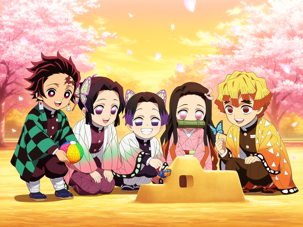 @Kamado_Tanjirou, @Kamado_Nezuko, @Kochou_Shinobu, @Tsuyuri_Kanao, @Agatsuma_Zenitsu, group, ensemble cast, adorable 5-year-old child versions, recognizable original anime faces, faithful hairstyles, faithful original Demon Slayer outfits resized for children, small child bodies, playful expressions, all five children playing together on the same playground, close together, interacting naturally, Tanjiro pushing a toy car, Nezuko building a sandcastle, Shinobu smiling at a butterfly on her finger, Kanao watching the butterfly beside Shinobu, Zenitsu holding a colorful ball, blooming sakura trees, falling cherry blossom petals, butterflies, warm golden sunset, Japanese park, medium wide shot, all five characters fully visible, all faces clearly visible, wholesome atmosphere, anime illustration, cinematic lighting