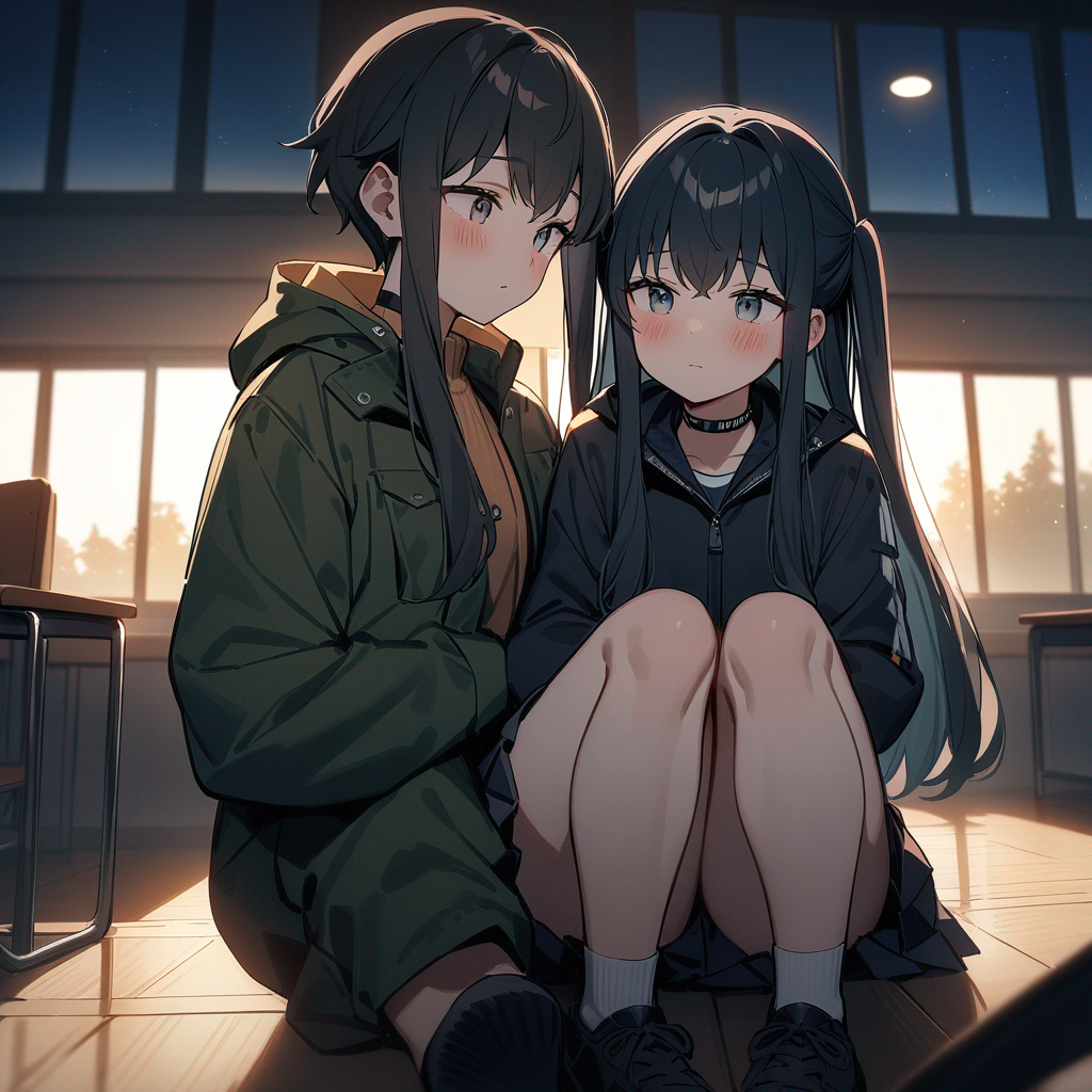 <Luna-5csm>, Tokitou Muichirou, outdoor adventure jacket, pleated skirt, trackchoker, straight bangs2people, sitting on lap, blush, full body, backlight, night, classroom