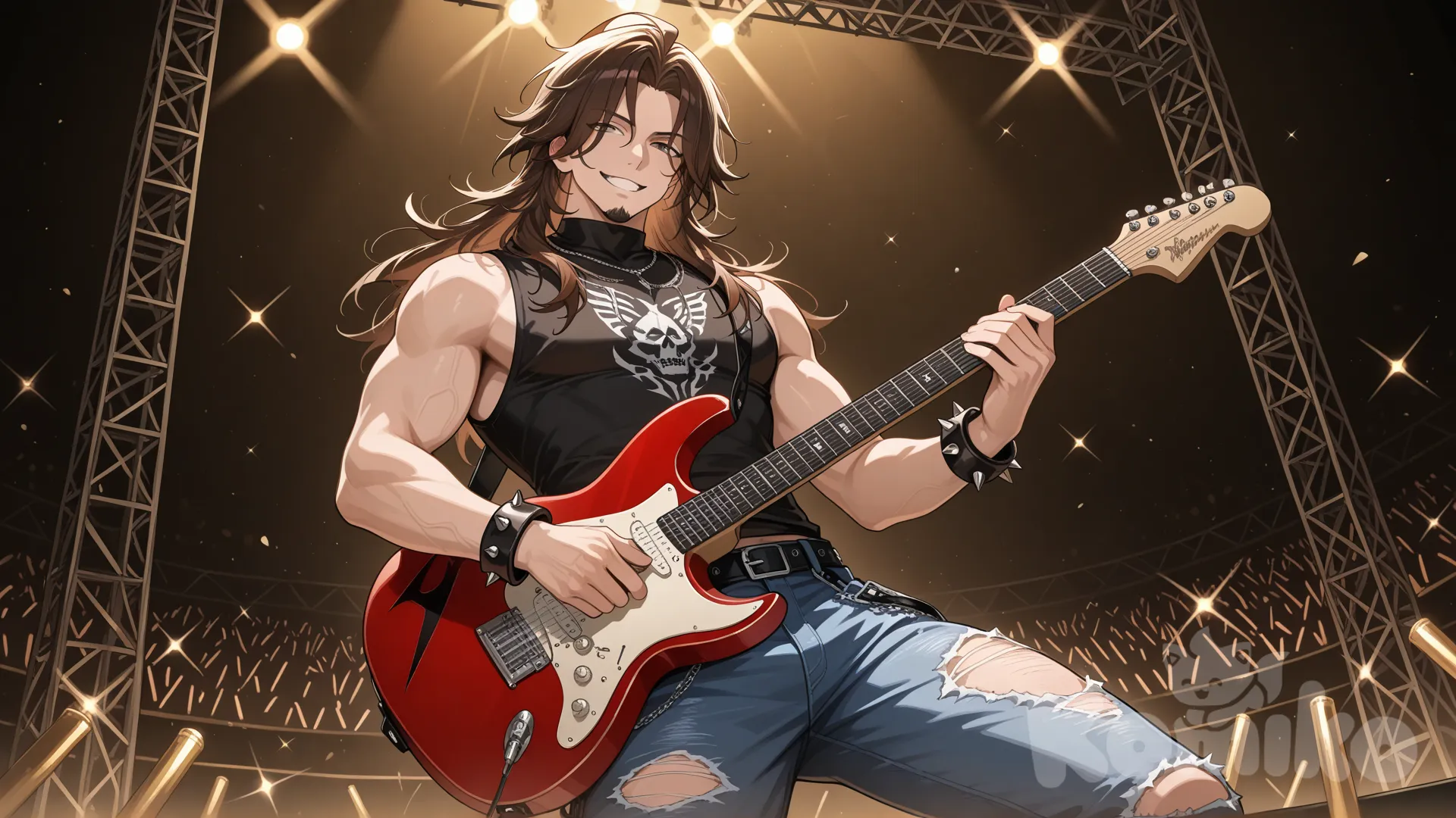 A metal guitarist, dressed in a cut off black t shirt and jeans with a hole in the knee, spiked bracelet, long brown hair, goatee, on stage, sinister grin on his face