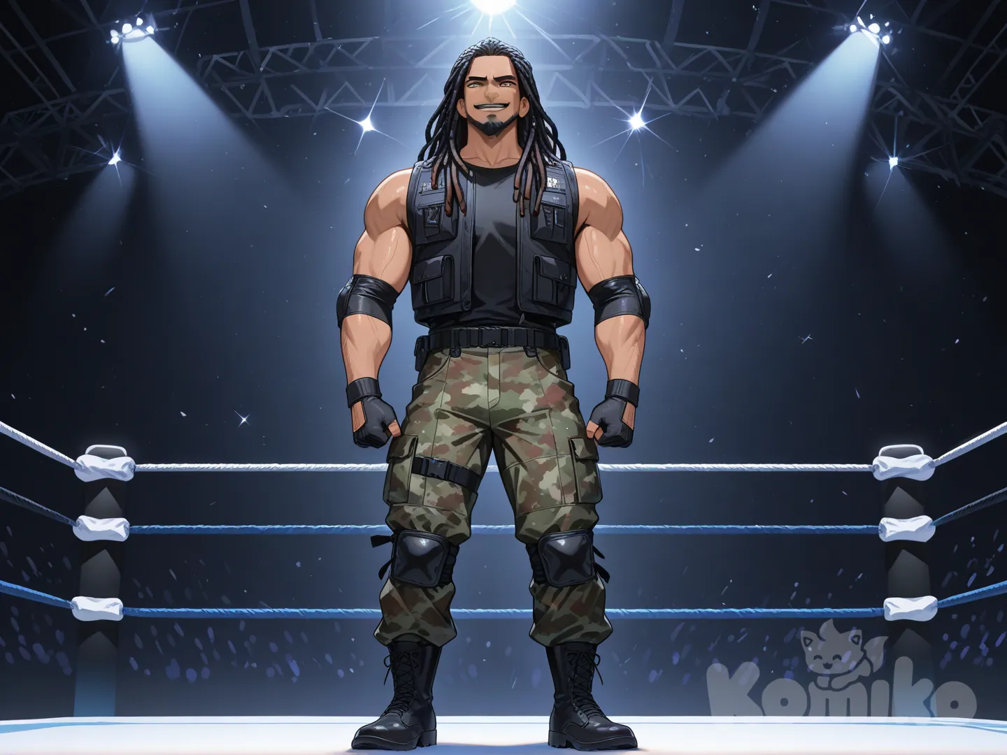 A tall, muscular male, long black dreads and beard, wearing a black vest and camo pants, black boots and elbow pads, standing in a wrestling ring with black ropes, giving a smug look to the camera, looking at viewer, full body, ambient light, top light