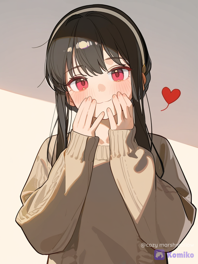 1girl, solo, yor briar, touching face, knitted cardigan, upper body, medium long shot, black hair, red eyes, looking at viewer, blush, soft lighting, [lacquered-illustration-style], 2girls