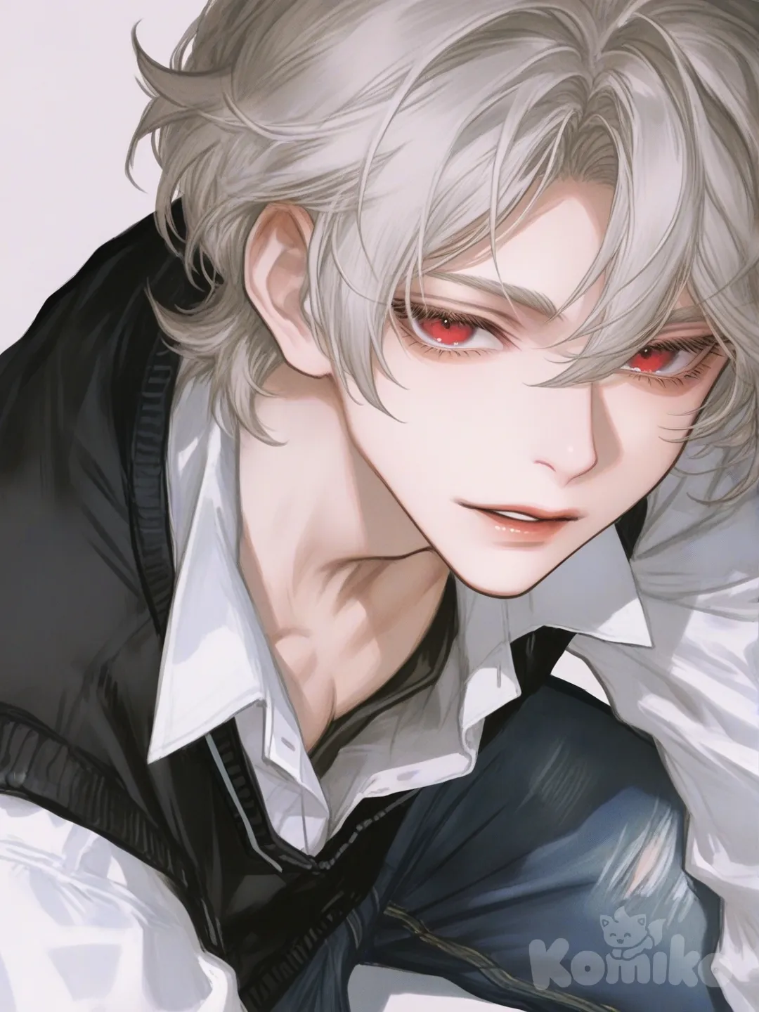 1boy, [semi-realistic-portrait-style], school vest, jeans, cheuveux blanc, yeux rouge, prince, beau