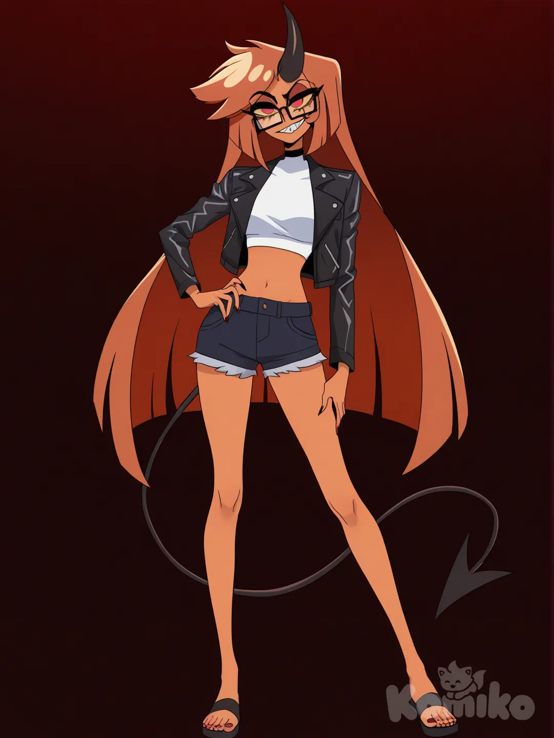 [pop-anime-style] 1girl, hazbin hotel, demon, straight_hair, brown_hair, dark_skin, single_horn, horn on forehead, black_horn, curved_horn, white crop_top, tight_clothes, black denim_shorts, leather_jacket, glasses, thin_tail, demon_tail, pointed_tail, tilted_head, teenager, cartoon style, minimalist style, hell city background, single character, full body, looking at viewer, simple background