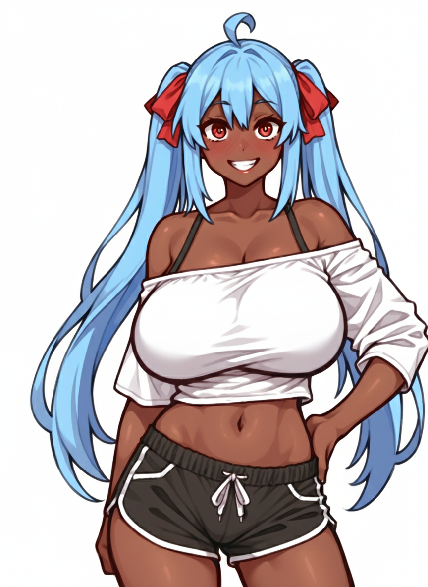1girl, dark skin, red ribbon, blue hair, twintails, red eyes, blush, lipstick, teeth, white shirt, black crop top, black shorts, white background