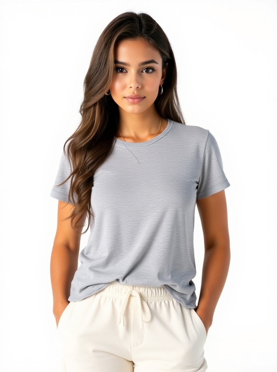 1girl, @darla-claire-UNQB, grey summer shirt, cream sweatpants, next to pool, rocky mountains, realistic, teenager, athletic, slim, petite, brown hair, brown eyes, olive skin, tan skin, single character, full body, looking at viewer, simple background, white background