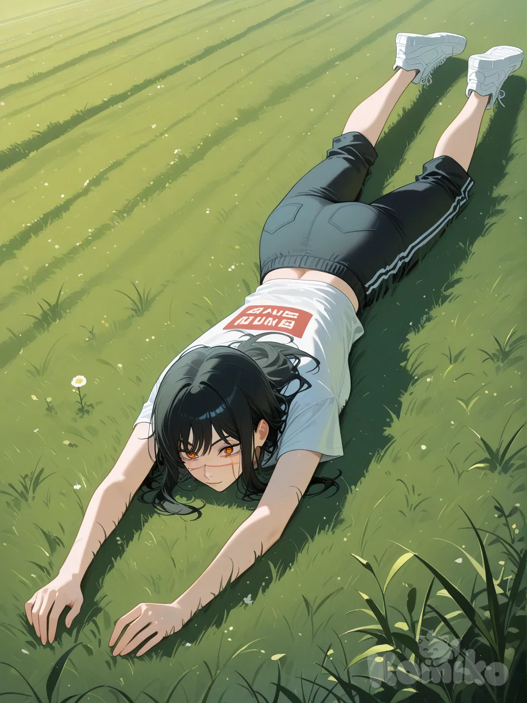 @Yoru_(Chainsaw_Man), lie on stomache, t-shirt, full body, field