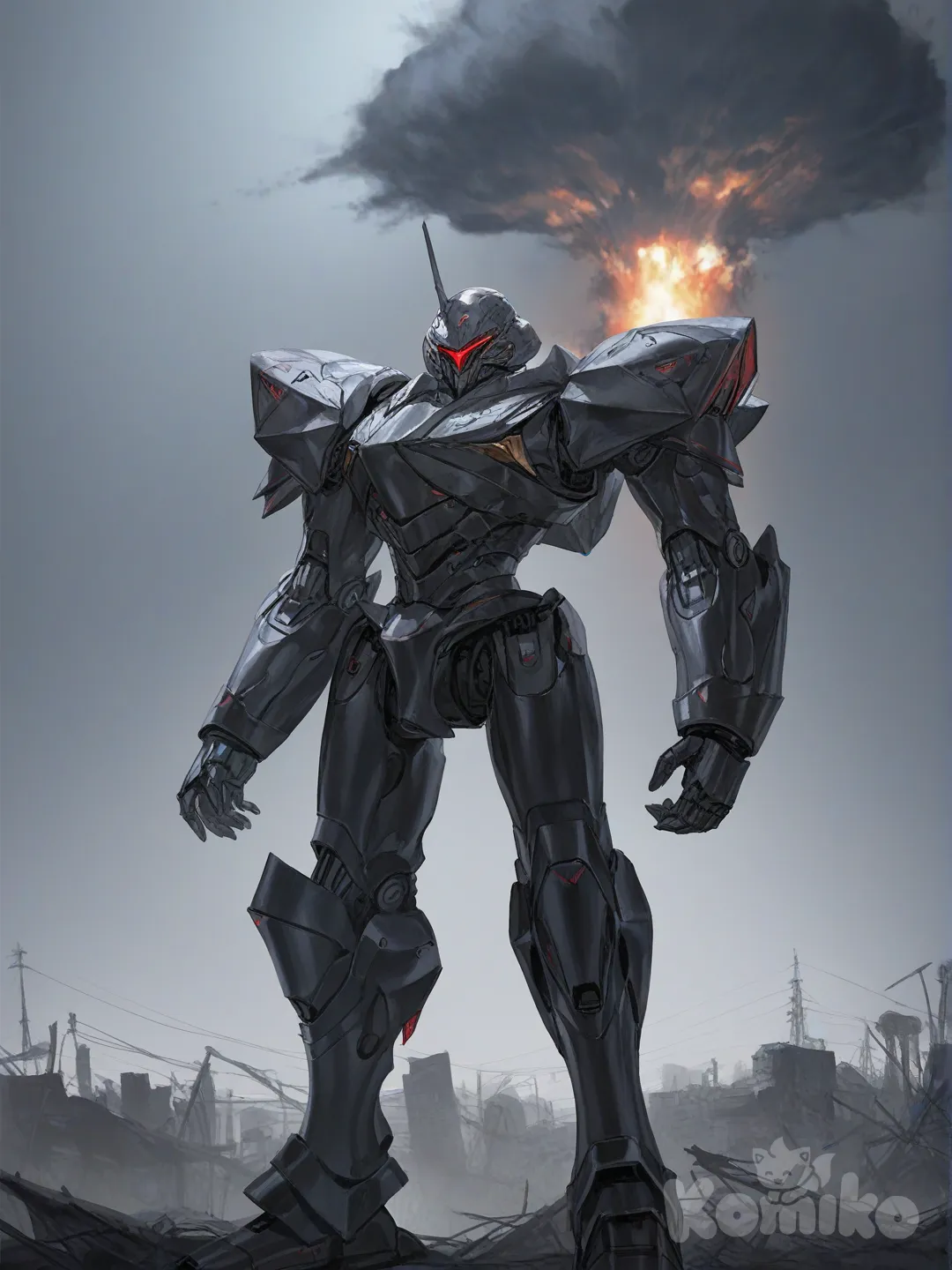 [soft-light-illustration-style] a man inside a robotic metal armour on a post-apocaliptic city, there is a lot of mist and a nuclear explosion in the background iluminates the scene, silhouette