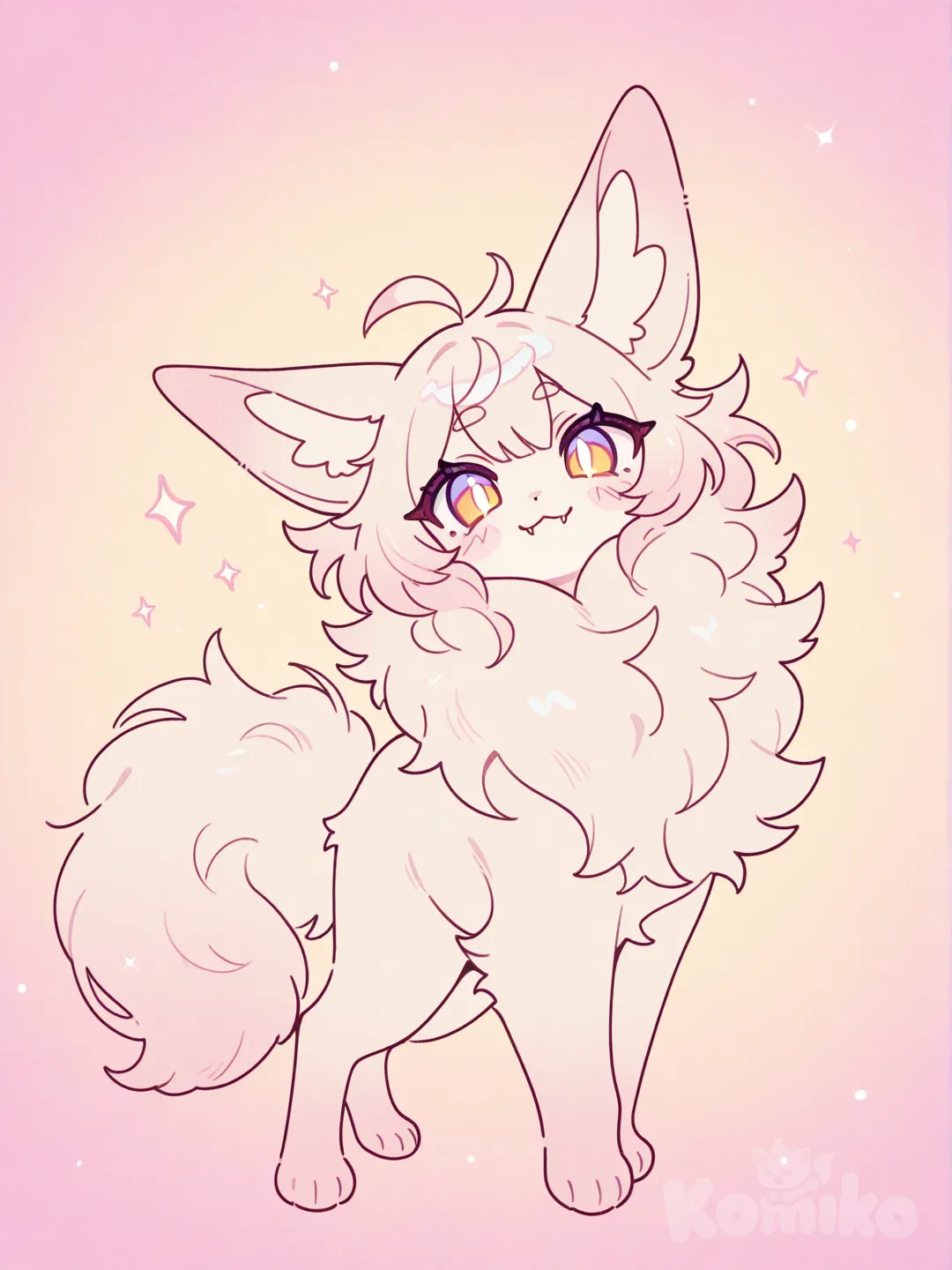 Cute digitally-drawn anthro character in a clean cartoon style, smooth lineart, soft shading, expressive large eyes that look hand-drawn (not AI-like), gentle highlights, pastel color palette, small fangs, fluffy fur details, stylized proportions, lively pose, subtle facial expression, high-quality digital illustration, artist-style color blending, warm soft lighting, crisp outlines, artistic brush texture