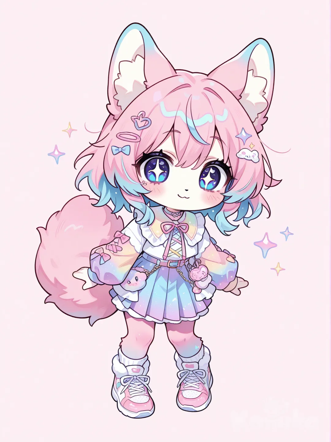 “Super cute original furry character, anthropomorphic animal, cartoon/anime style, big sparkling eyes, soft rounded features, cheerful and playful expression, dynamic and lively pose, colorful and vibrant outfit or accessories, fluffy or stylized fur, chibi or slightly exaggerated proportions, full body, high-quality digital illustration, soft shading and gentle highlights, extremely charming and lovable, kawaii vibe, unique and original design.”