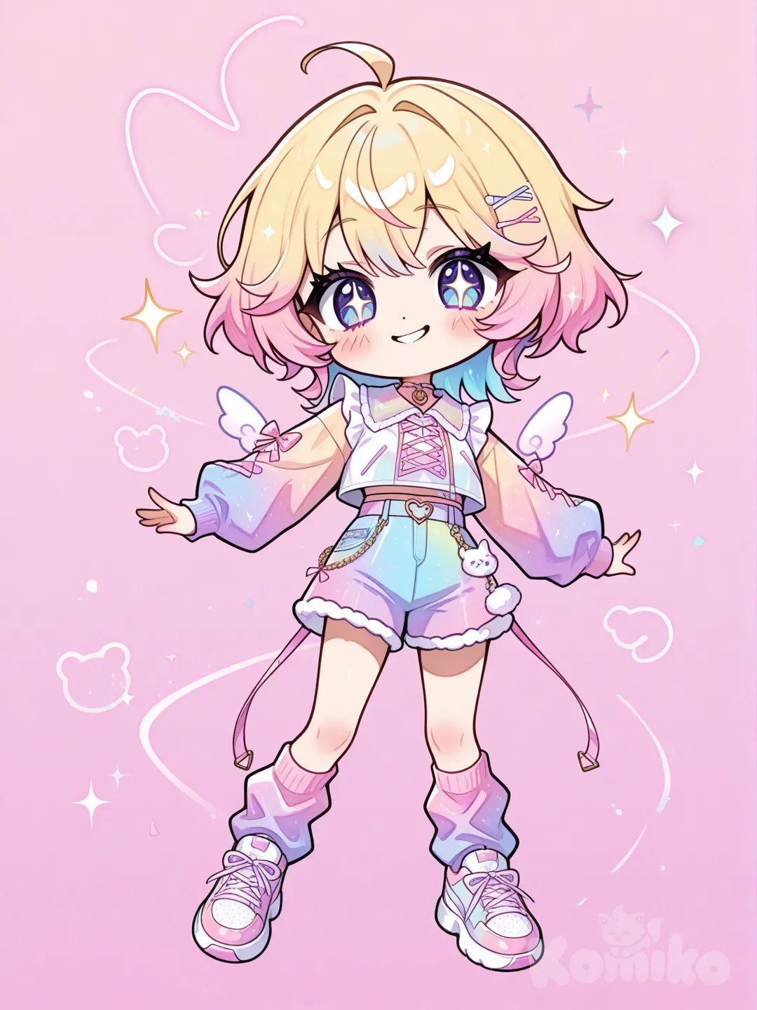 “Super cute original character, cartoon/anime style, big sparkling eyes, small rounded nose, soft and smooth features, cheerful and playful expression, dynamic and lively pose, colorful and vibrant outfit, fluffy or stylized hair, chibi or slightly exaggerated proportions, full body, high-quality digital illustration, soft shading, gentle highlights, extremely charming and lovable, kawaii vibe, unique and original design.”