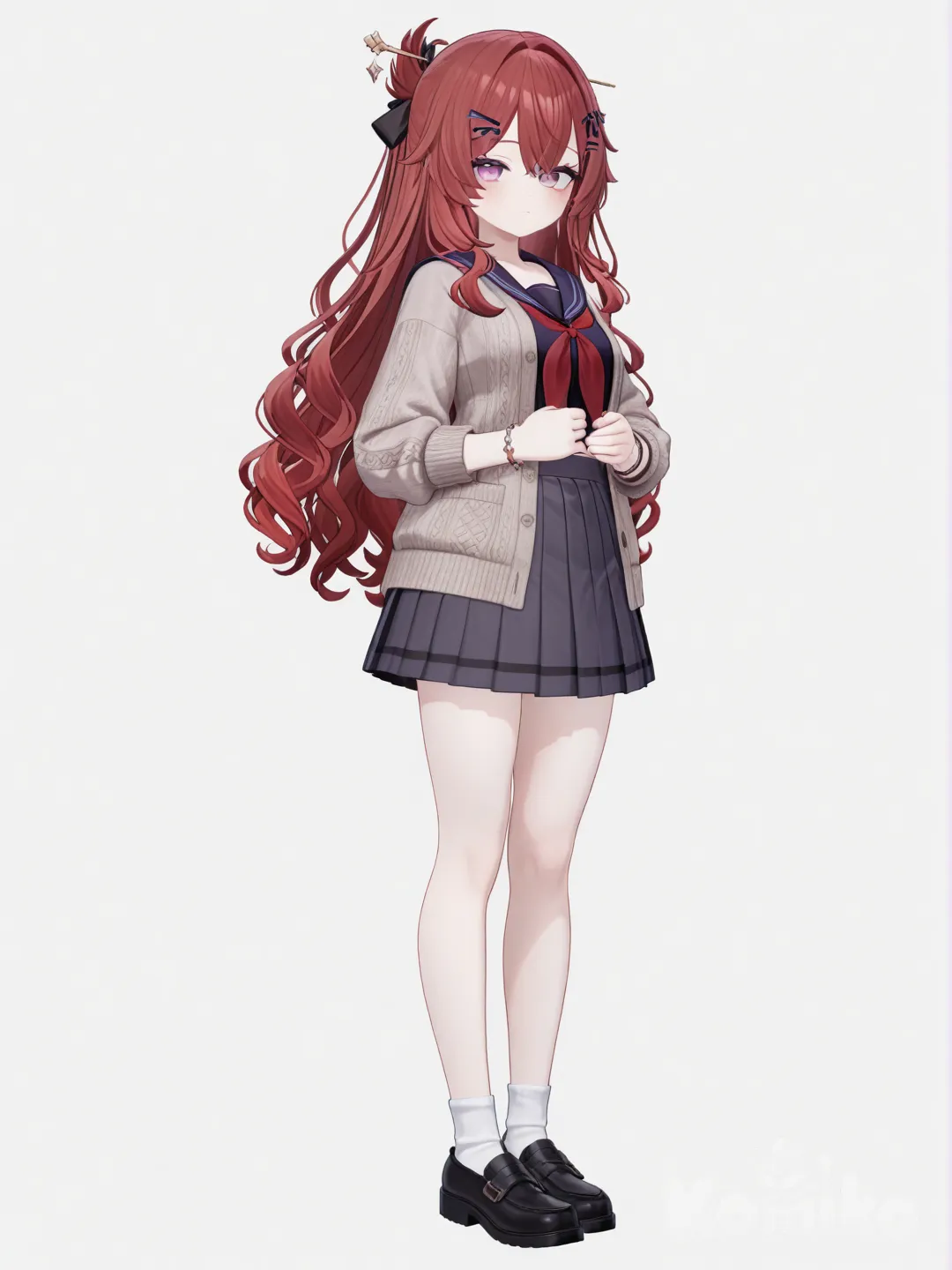 [3d-anime-style] 1girl, genshin_impact, original_character, teenager, short, long_hair, red_hair, wavy_hair, red_eyes, purple_eyes, dimple, pale_skin, cardigan, pleated_skirt, hairpin, hair_accessory, bracelet, single_character, full_body, looking_at_viewer, anime_style, simple_background, white_background