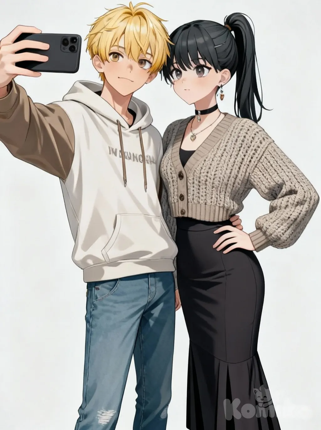 1boy, 1girl, 2people, @hikaru-R83W, @mai-zp9R, selfie, hoodie, knitted cardigan, pencil skirt, wide-leg pants, jeans, high ponytail, charcoal black, blonde hair