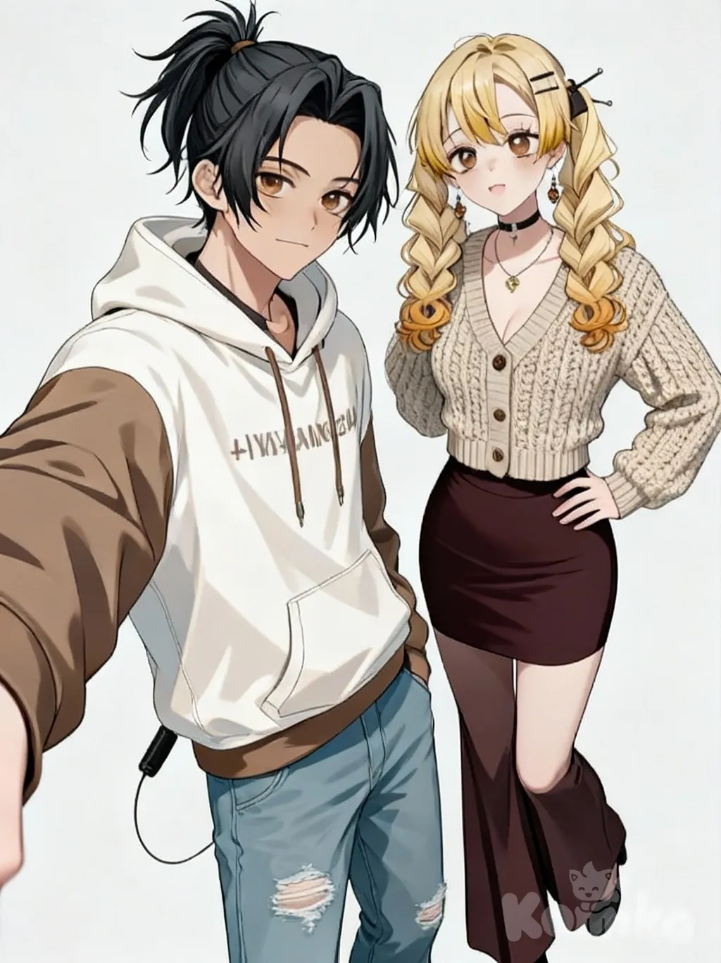 1boy, 1girl, 2people, @hikaru-R83W, @mai-zp9R, selfie, hoodie, knitted cardigan, pencil skirt, wide-leg pants, jeans, high ponytail, charcoal black, blonde hair