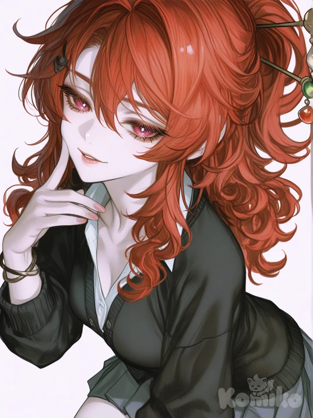 [semi-realistic-portrait-style] 1girl, genshin_impact, original_character, teenager, short, long_hair, red_hair, wavy_hair, red_eyes, purple_eyes, dimple, pale_skin, cardigan, pleated_skirt, hairpin, hair_accessory, bracelet, single_character, full_body, looking_at_viewer, anime_style, simple_background, white_background