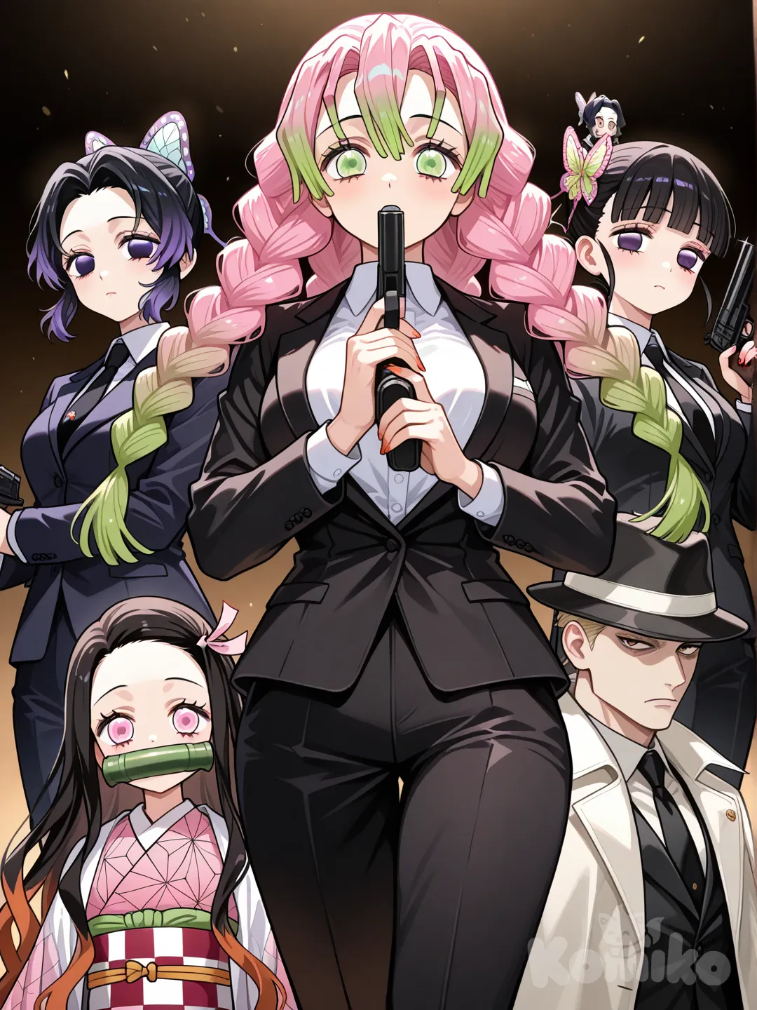 1boy, 1girl, 2people, holding gun mafia family, @Kochou_Shinobu, @Kanroji_Mitsuri, @Tsuyuri_Kanao, @Kamado_Nezuko