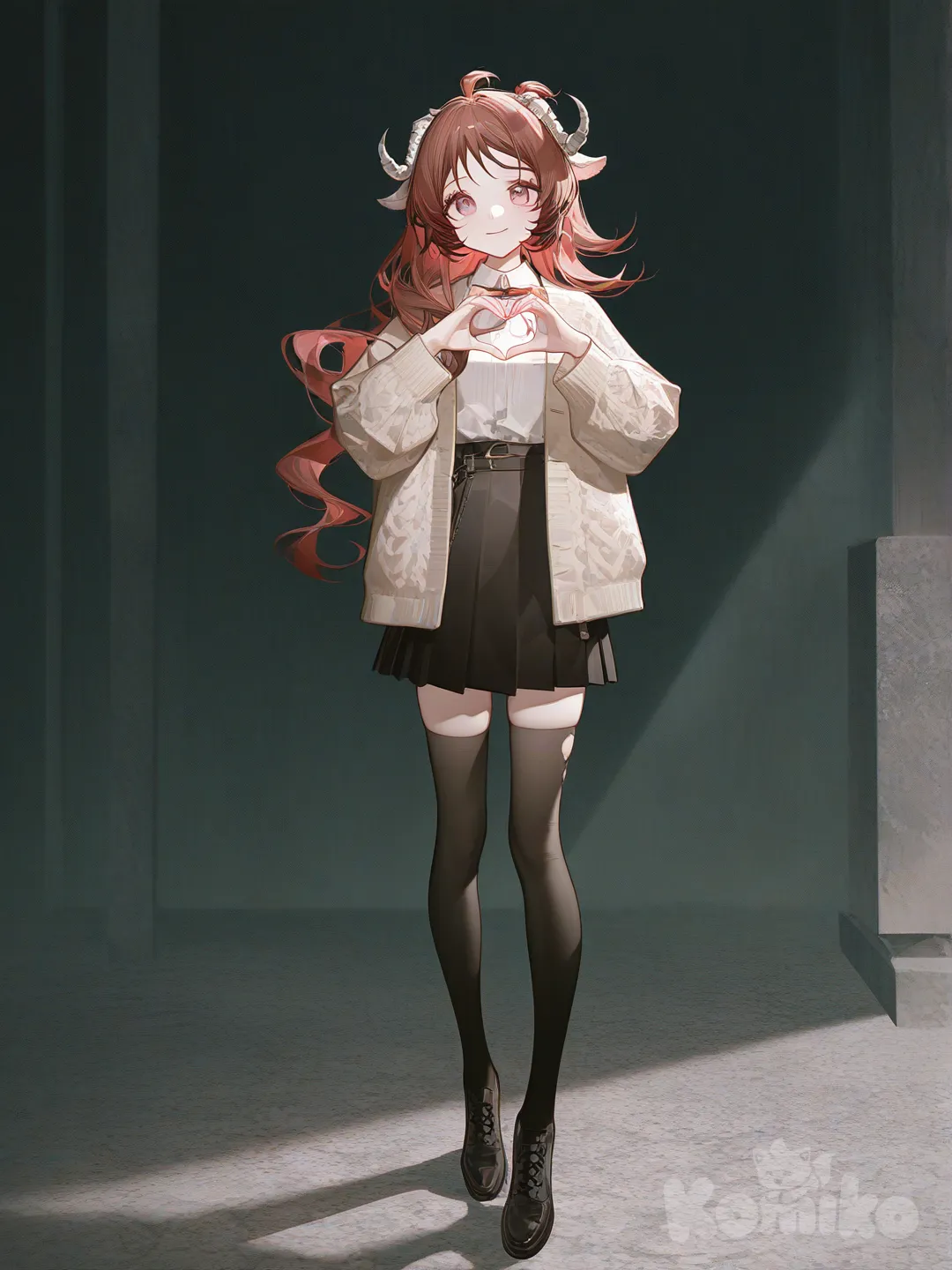 @Eyjafjalla_(Arknights), [high-contrast-glossy-style], heart hands, knitted cardigan, pleated skirt, earrings, high messy red buns, full body