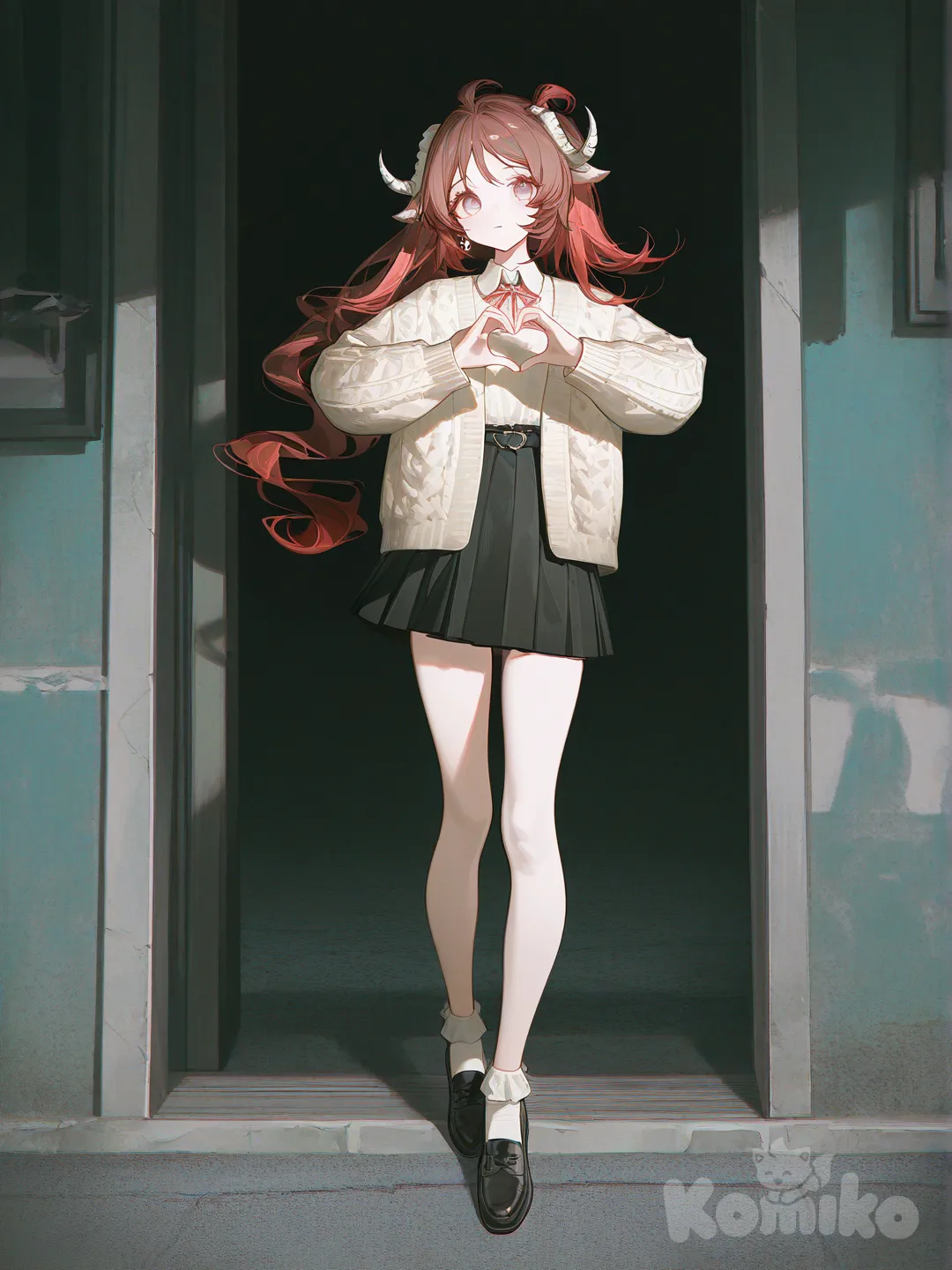 @Eyjafjalla_(Arknights), [high-contrast-glossy-style], heart hands, knitted cardigan, pleated skirt, earrings, high messy red buns, full body