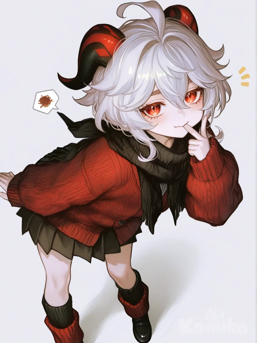 [semi-realistic-portrait-style] 1girl, child, short, white hair, short hair, red eyes, dimple, pale skin, knitted cardigan, red pleated skirt, red sharp pointy demon horns, single character, full body, looking at viewer, genshin impact style, simple background, white background