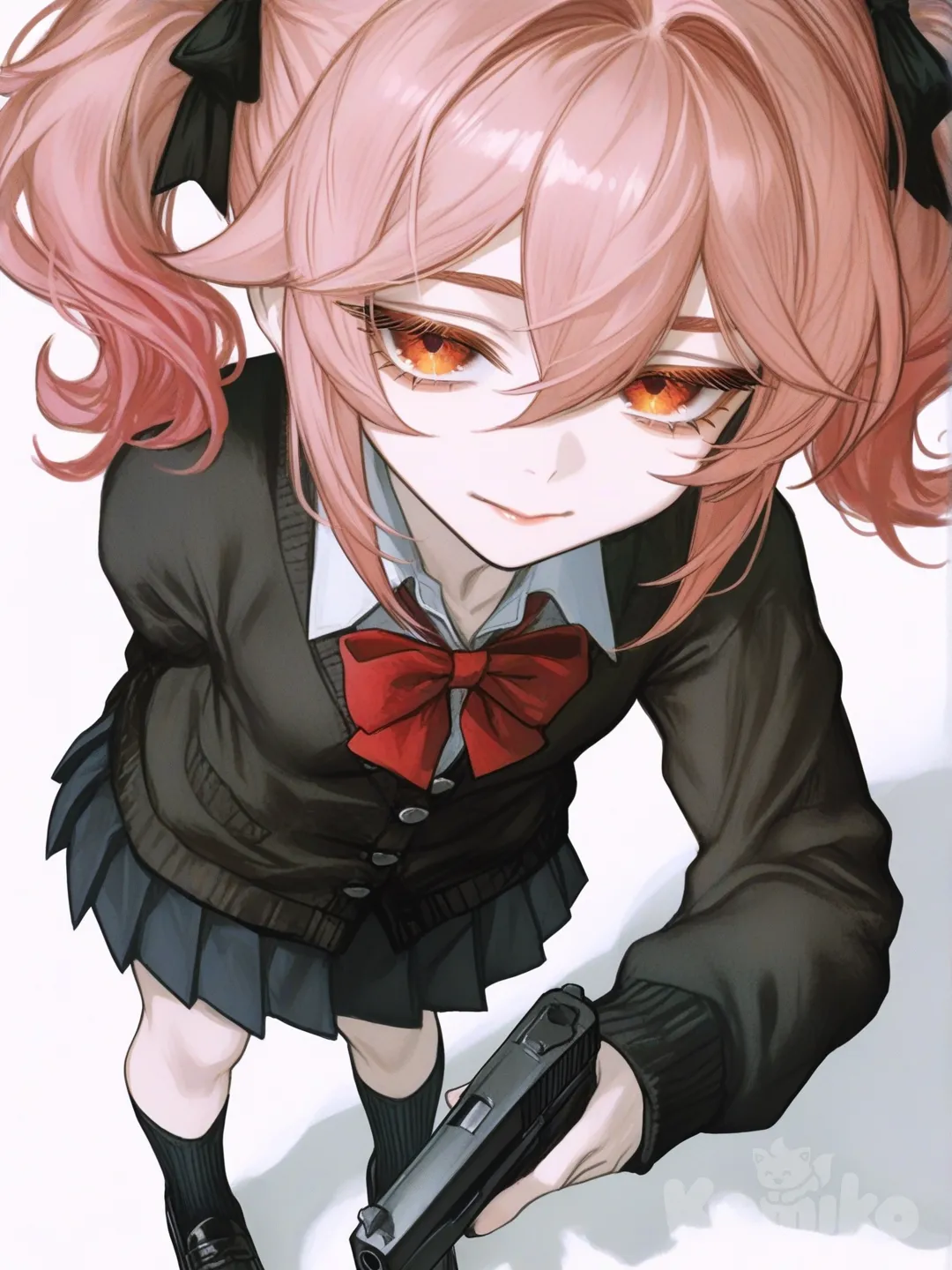 [semi-realistic-portrait-style] 1girl, genshin impact, original character, child, short, pigtails, long hair, pink hair, brown eyes, red eyes, dimple, pale skin, black cardigan, black pleated skirt, gun, red bow, single character, full body, looking at viewer, simple background, white background