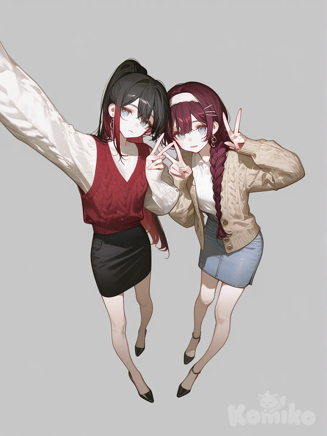 [high-contrast-glossy-style], 2 girls, selfie, v sign, knitted cardigan, knitted vest, full body, pencil skirt, denim skirt, hairpin, headband, high ponytail, long braid, charcoal black, dark red