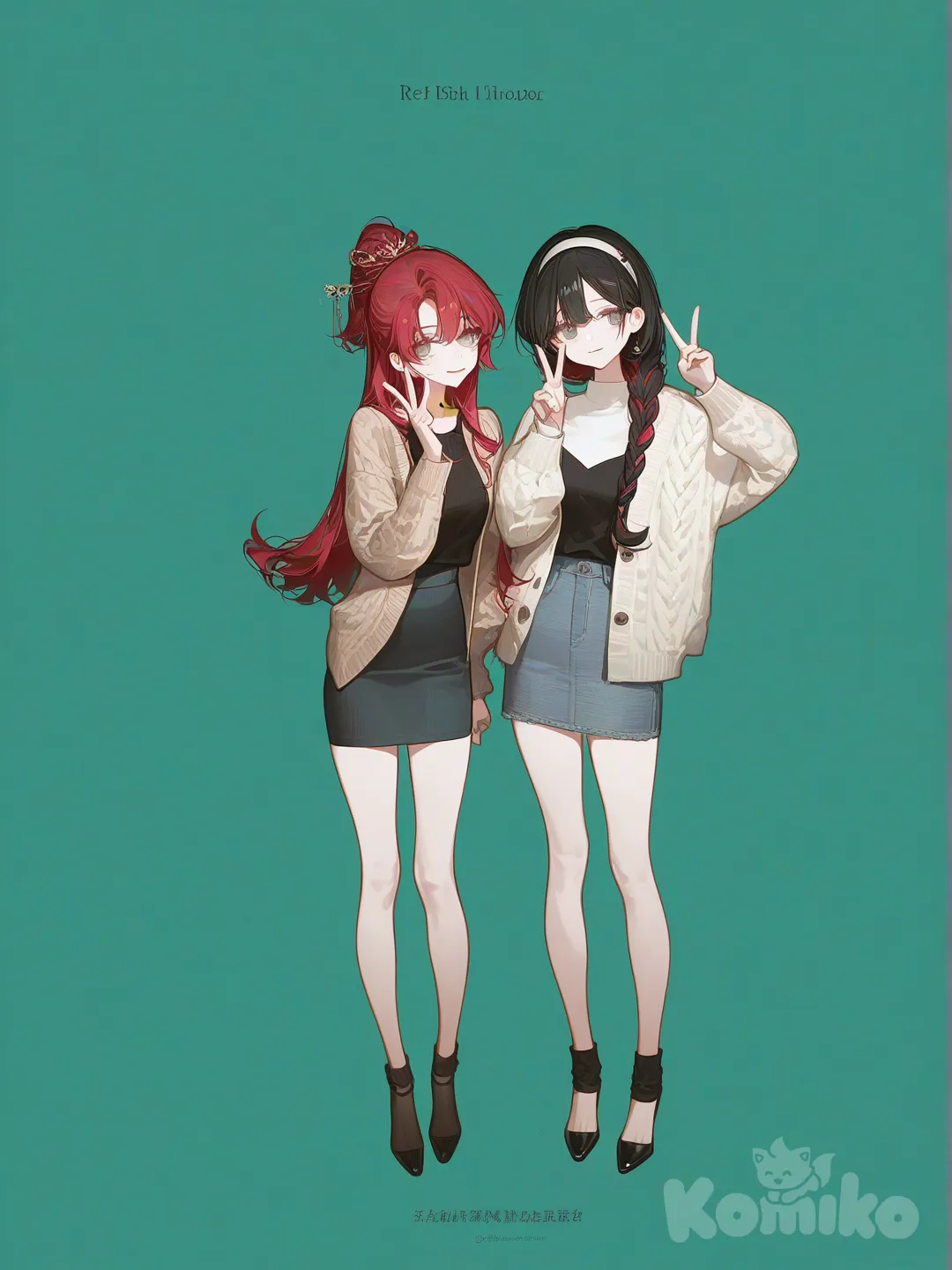 [high-contrast-glossy-style], 2 girls, selfie, v sign, knitted cardigan, knitted vest, full body, pencil skirt, denim skirt, hairpin, headband, high ponytail, long braid, charcoal black, dark red