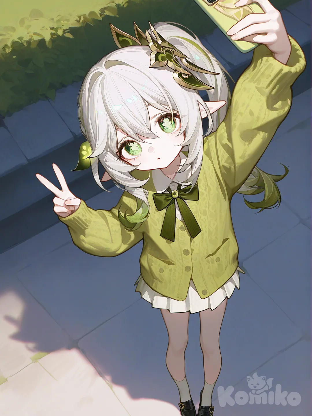 @Nahida_(Genshin_Impact), [high-contrast-glossy-style], selfie, v sign, knitted cardigan, full body, hair accessory, high side ponytail, white and light green ends, pleated skirt