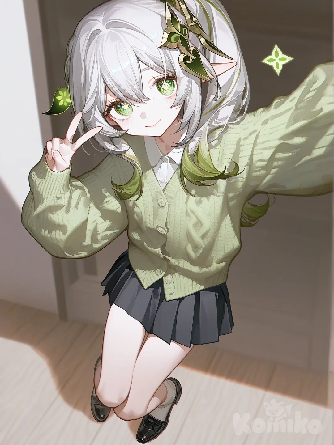 @Nahida_(Genshin_Impact), [high-contrast-glossy-style], selfie, v sign, knitted cardigan, full body, hair accessory, high side ponytail, white and light green ends, pleated skirt