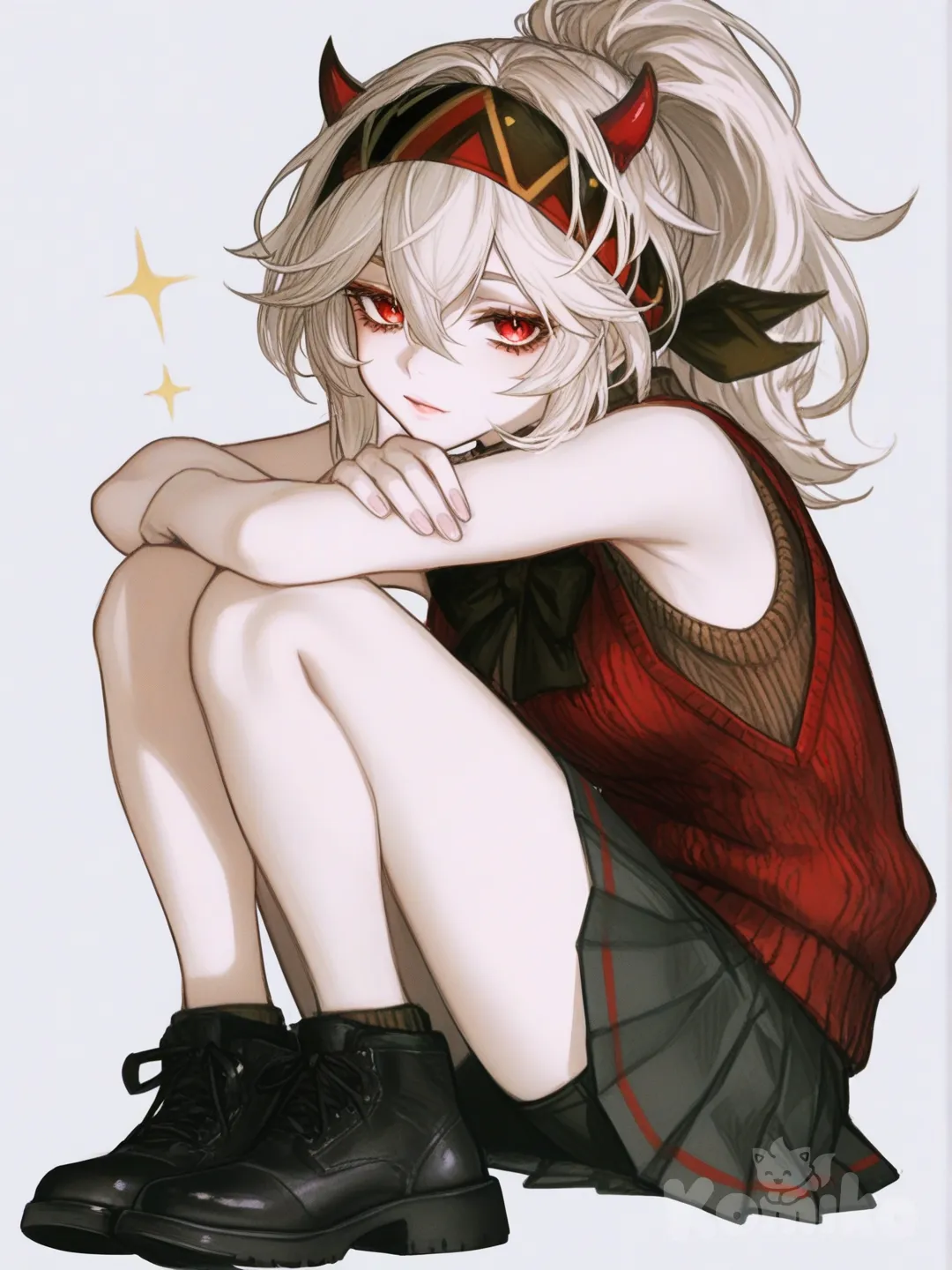 [semi-realistic-portrait-style] 1girl, genshin_impact style, short, teenager, white_hair, ponytail, long_hair, red_eyes, dimple, pale_skin, knitted_vest, pleated_skirt, headband, demon_horns, single character, full body, looking at viewer, anime style, simple background, white background