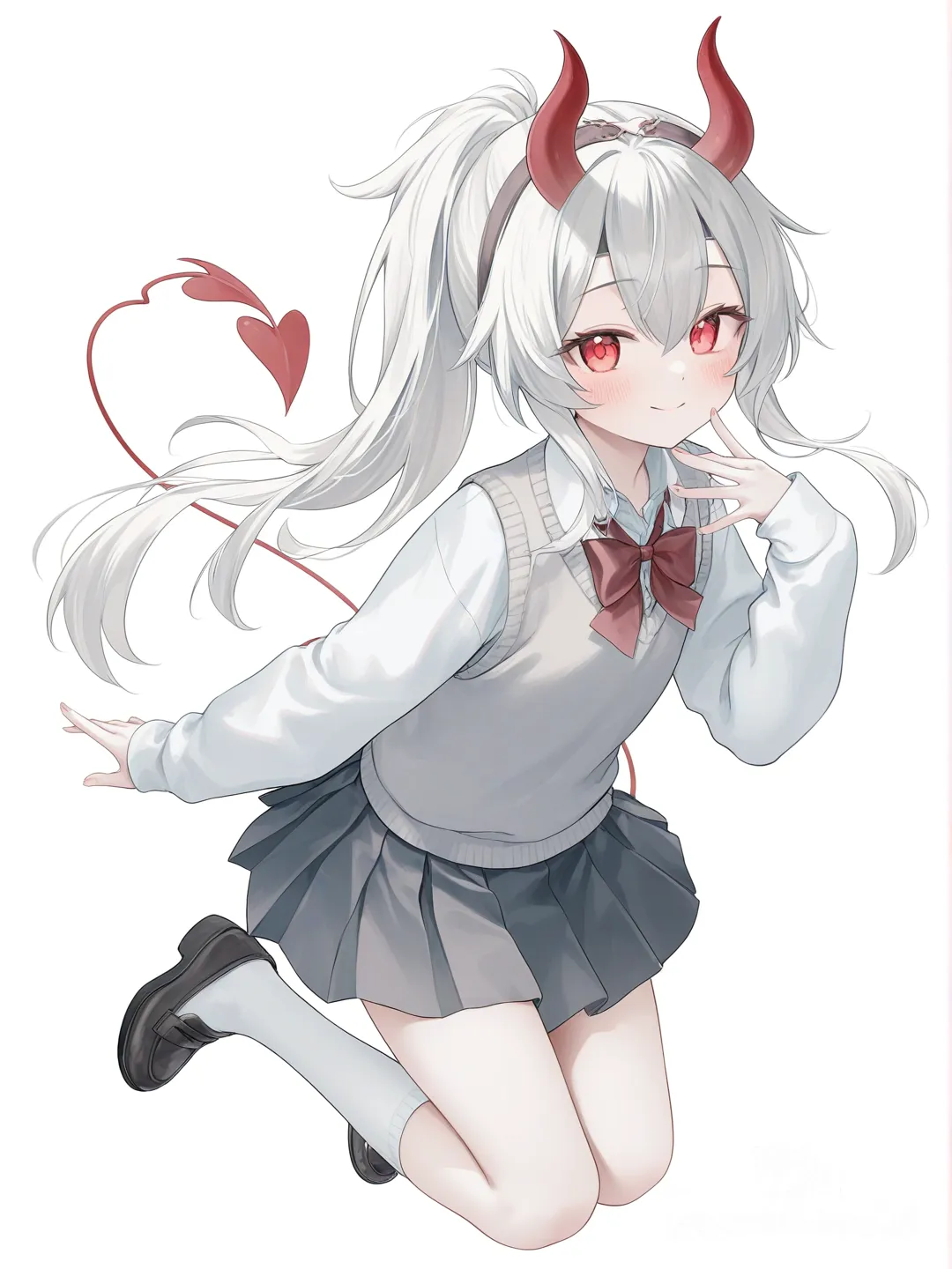 [soft-pastel-style] 1girl, genshin_impact style, short, teenager, white_hair, ponytail, long_hair, red_eyes, dimple, pale_skin, knitted_vest, pleated_skirt, headband, demon_horns, single character, full body, looking at viewer, anime style, simple background, white background