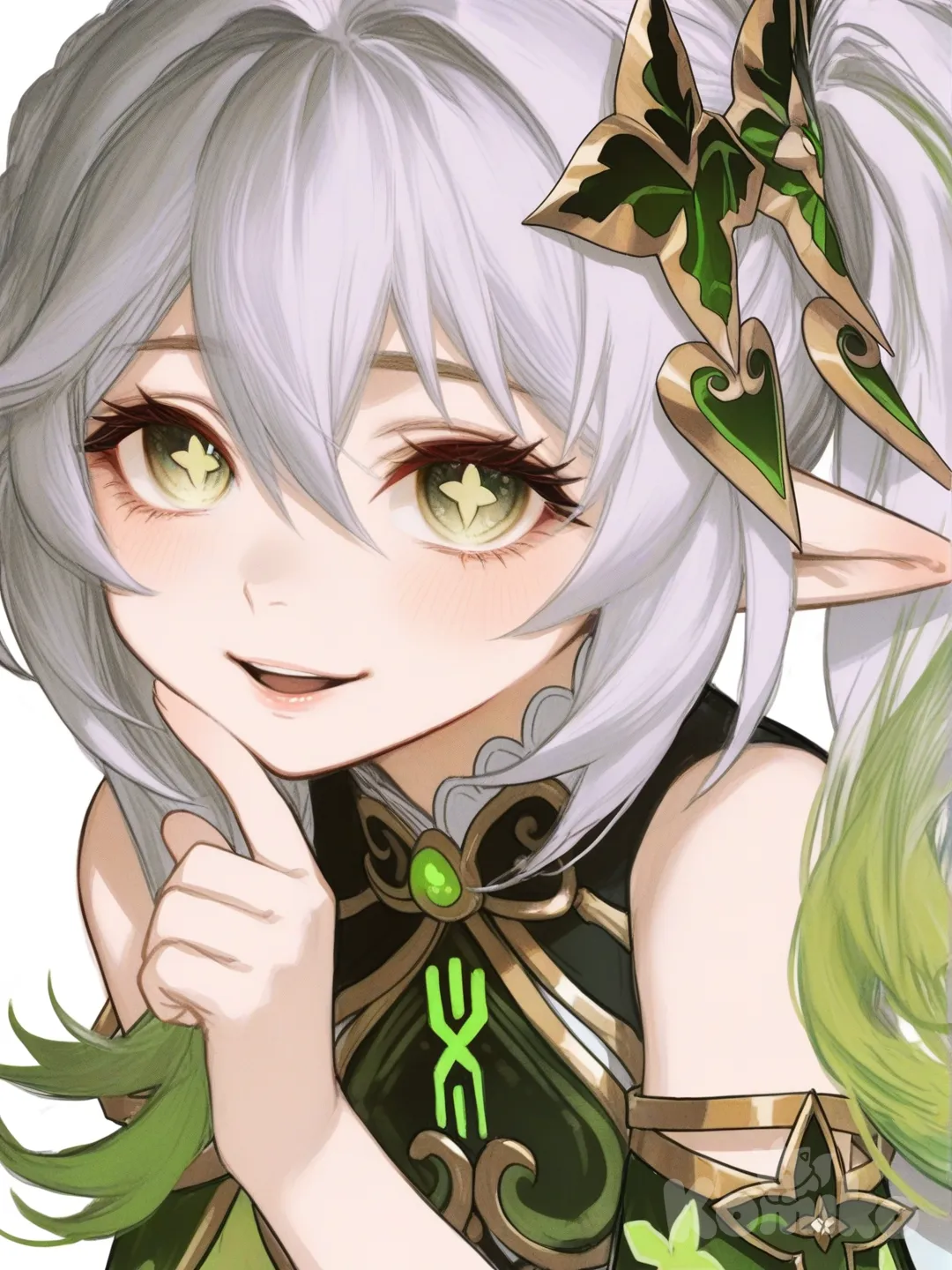 [semi-realistic-portrait-style] 1girl, nahida, nezuko, genshin impact style, demon slayer style, original character, teenager, short, long hair, black hair, orange highlights, white hair, light green highlights, side ponytail, single character, full body, looking at viewer, anime style, simple background, white background