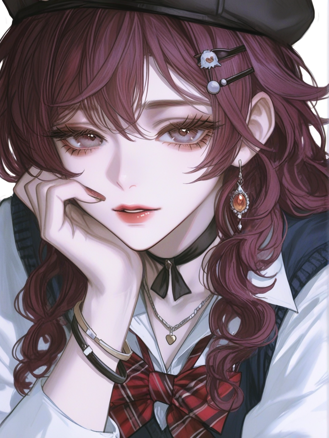 [semi-realistic-portrait-style] 1girl, genshin_impact_style, long_hair, wavy_hair, maroon_hair, different_eye_colors, brown_eye, grey_eye, dimples, pale_skin, school_uniform, pleated_skirt, vest, earrings, necklace, choker, beret, bracelet, bow, hairpin, hair_accessory, single_character, full_body, looking_at_viewer, simple_background, white_background
