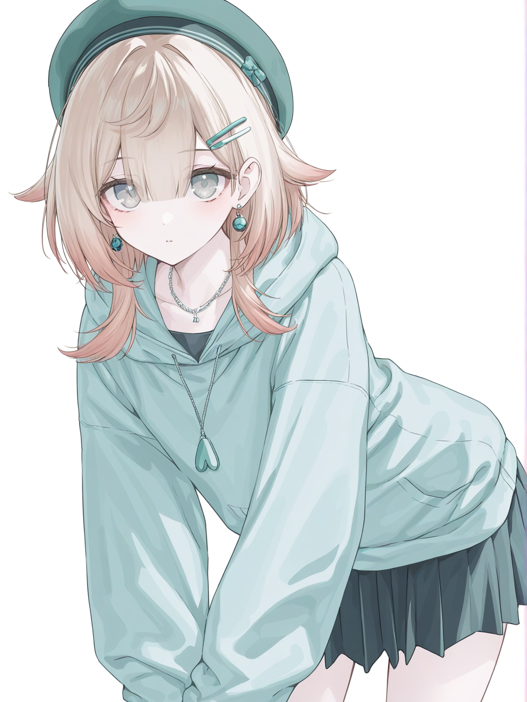 [soft-pastel-style] 1girl, pastel_colors, genshin_impact_style, short, long_hair, light_brown_hair, pale_skin, dimples, grey_eyes, oversized_light_blue_hoodie, short_pleated_skirt, hair_ornament, hairclip, necklace, earrings, beret, single_character, full_body, looking_at_viewer, simple_background, white_background