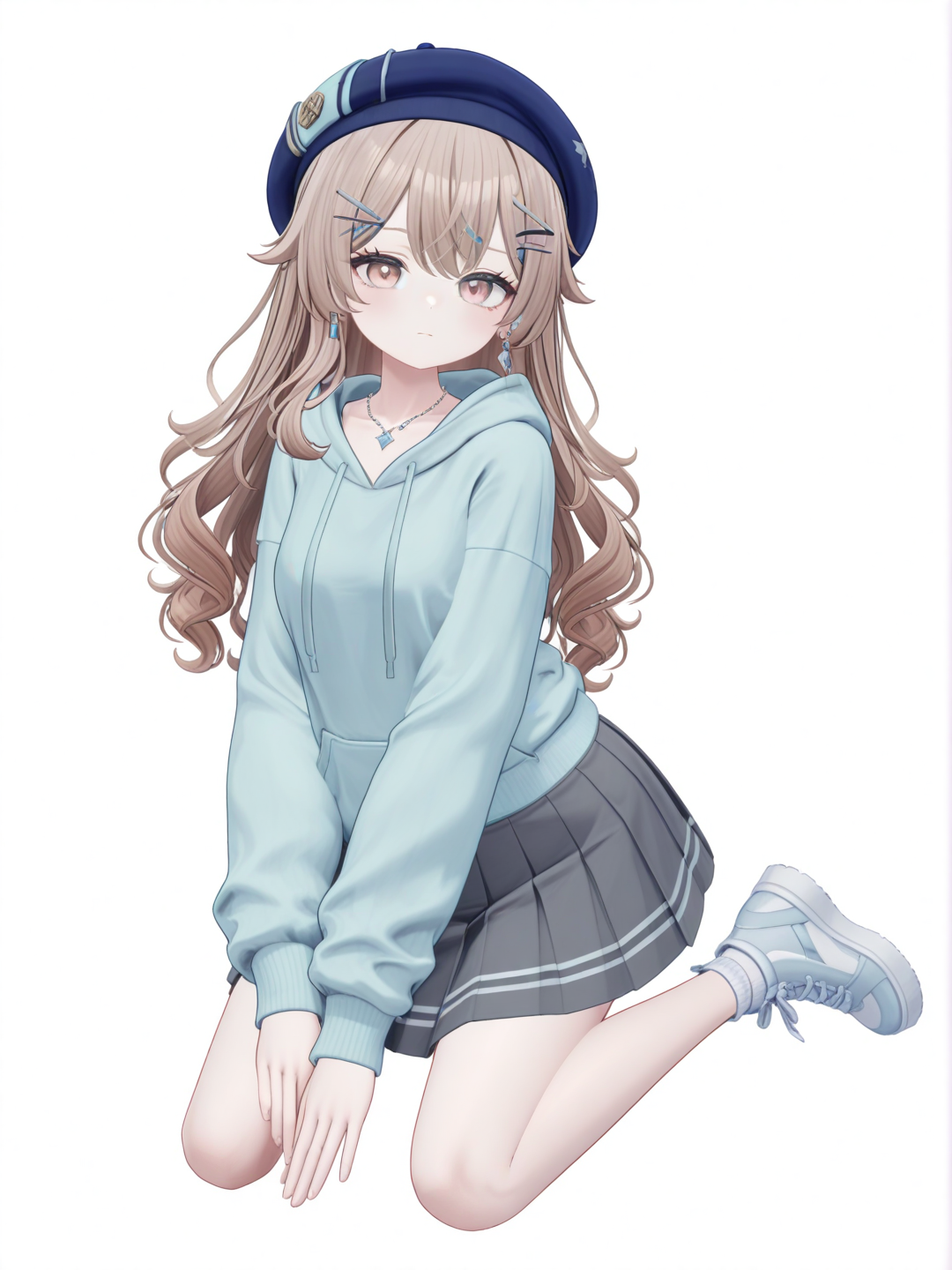 [3d-anime-style] 1girl, short_stature, long_hair, light_brown_hair, pale_skin, dimples, grey_eyes, oversized_light_blue_hoodie, short_pleated_skirt, hair_ornament, hairclip, necklace, earrings, beret, teenager, pastel_colors, genshin_impact_style, single character, full body, looking at viewer, simple background, white background